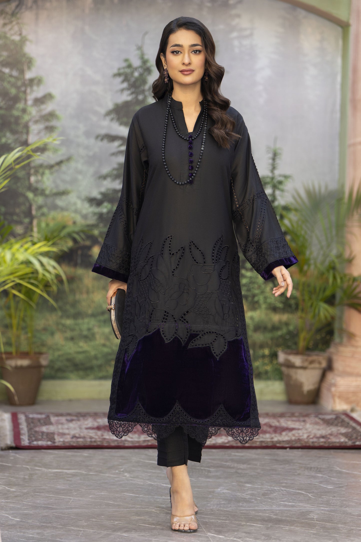 Black&Purple Ready to Wear Embroidered 2 Pcs Dress