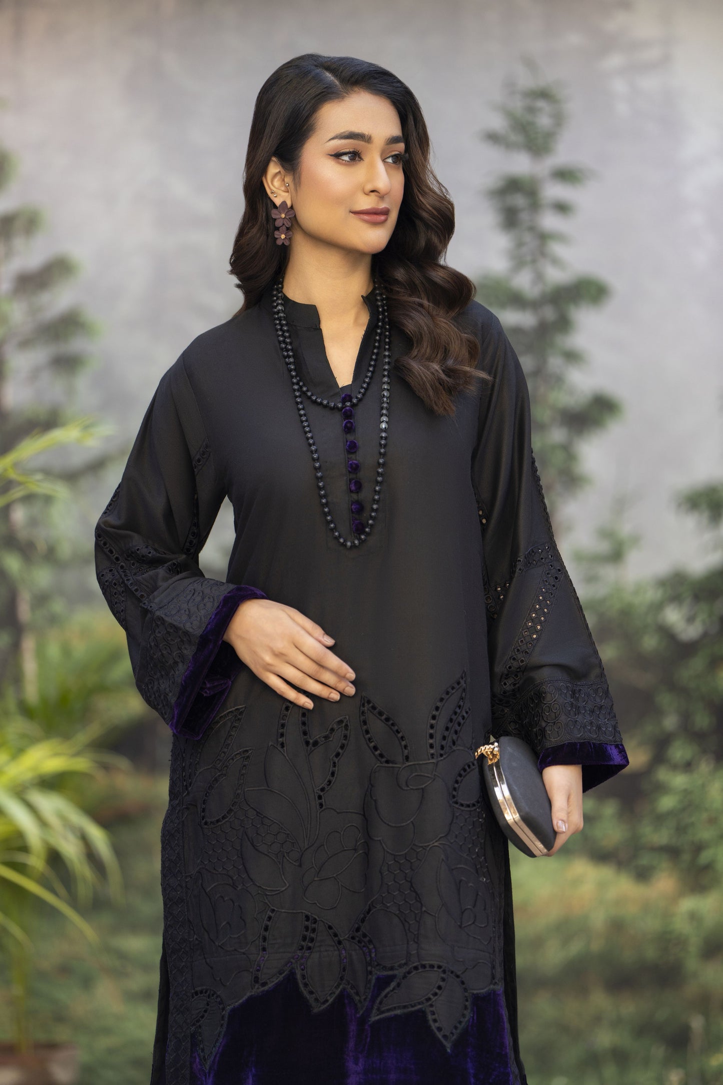 Black&Purple Ready to Wear Embroidered 2 Pcs Dress