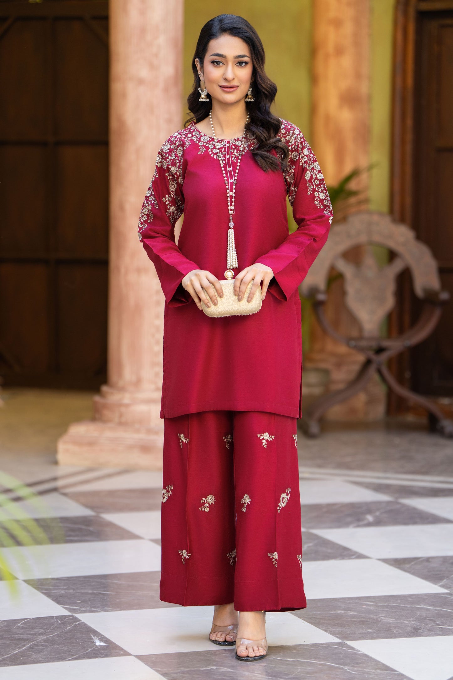 Red Bloom Ready to Wear 2 Pcs Embroidered Raw Silk Dress