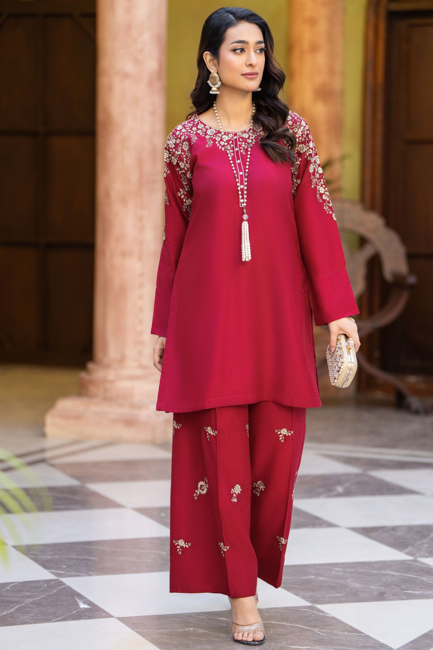 Red Bloom Ready to Wear 2 Pcs Embroidered Raw Silk Dress