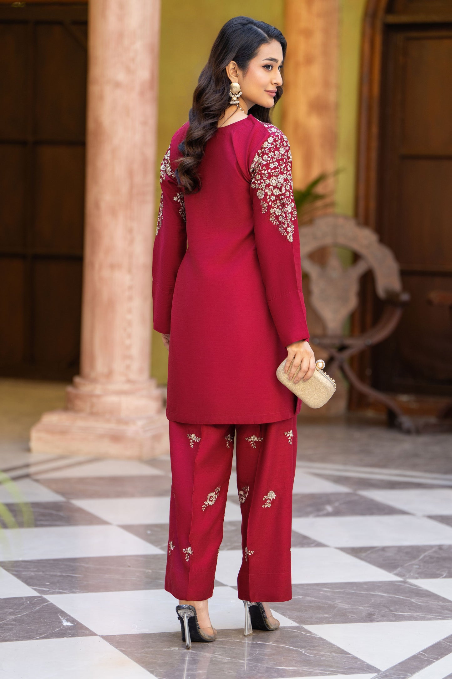 Red Bloom Ready to Wear 2 Pcs Embroidered Raw Silk Dress