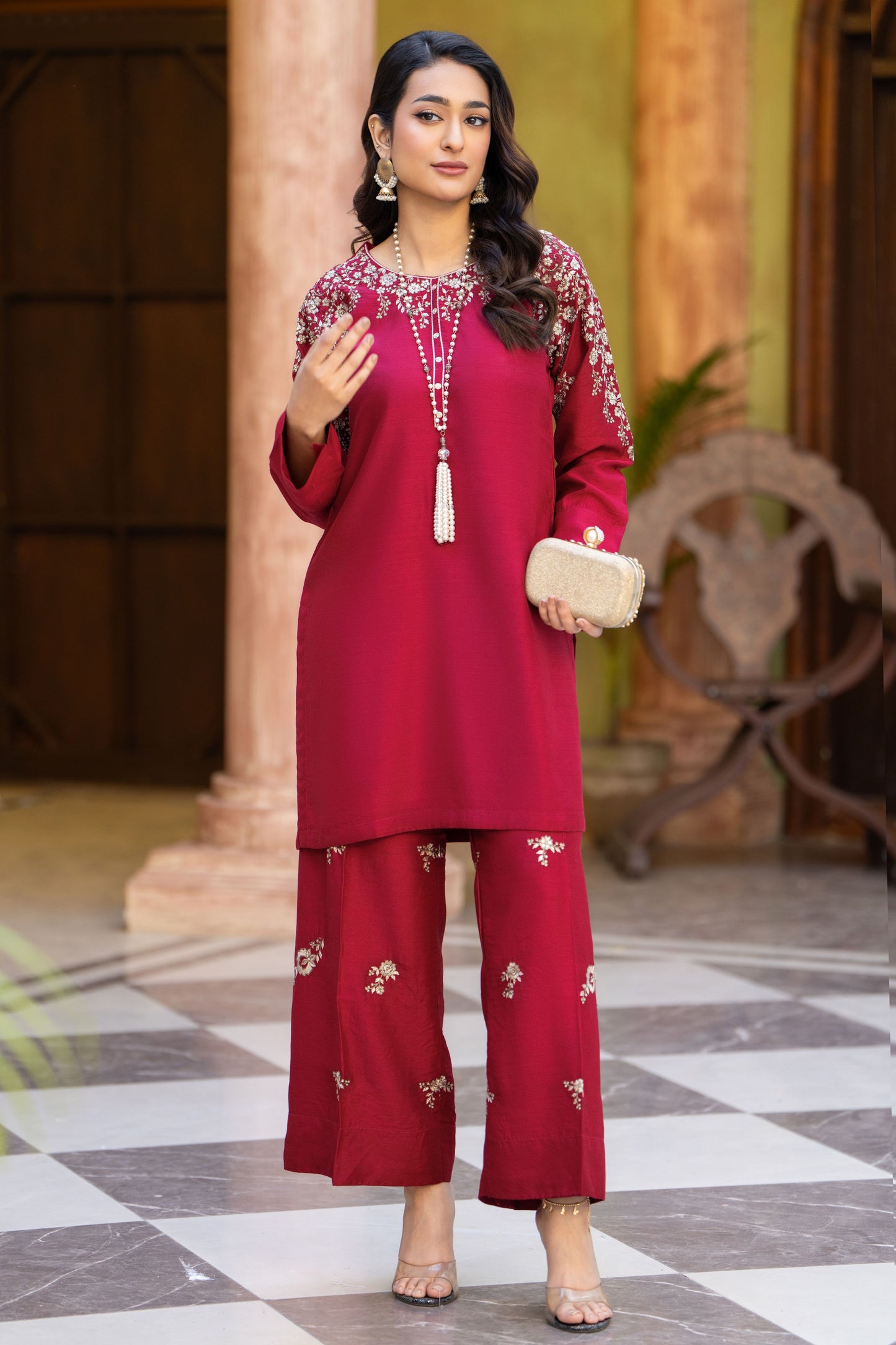 Red Bloom Ready to Wear 2 Pcs Embroidered Raw Silk Dress