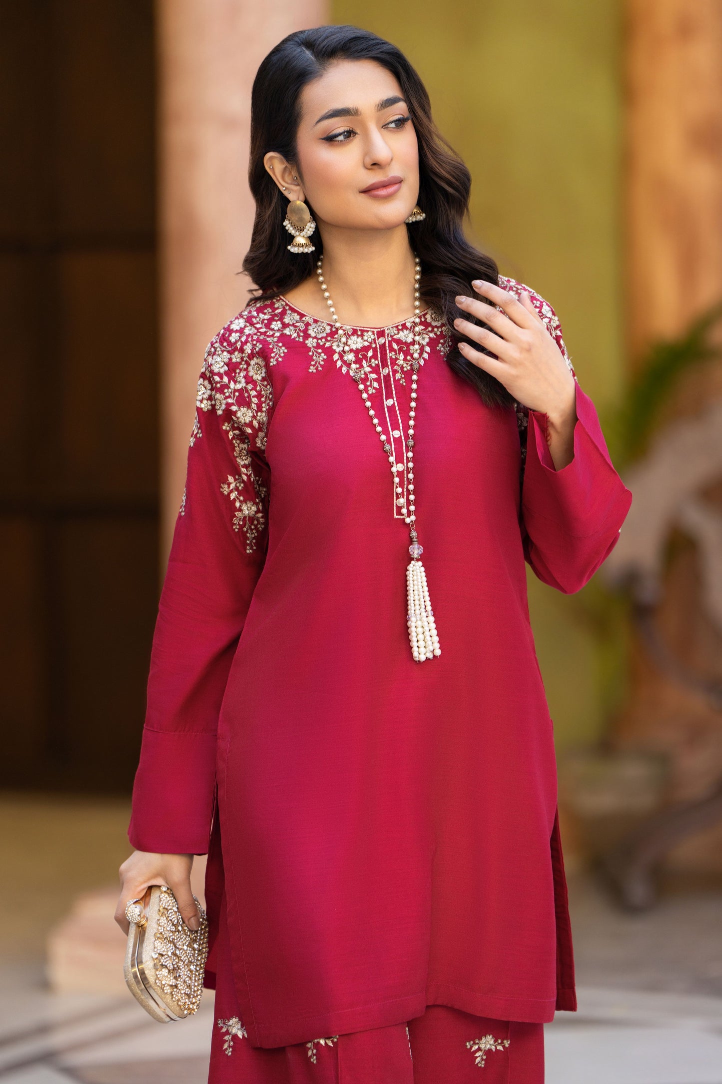 Red Bloom Ready to Wear 2 Pcs Embroidered Raw Silk Dress