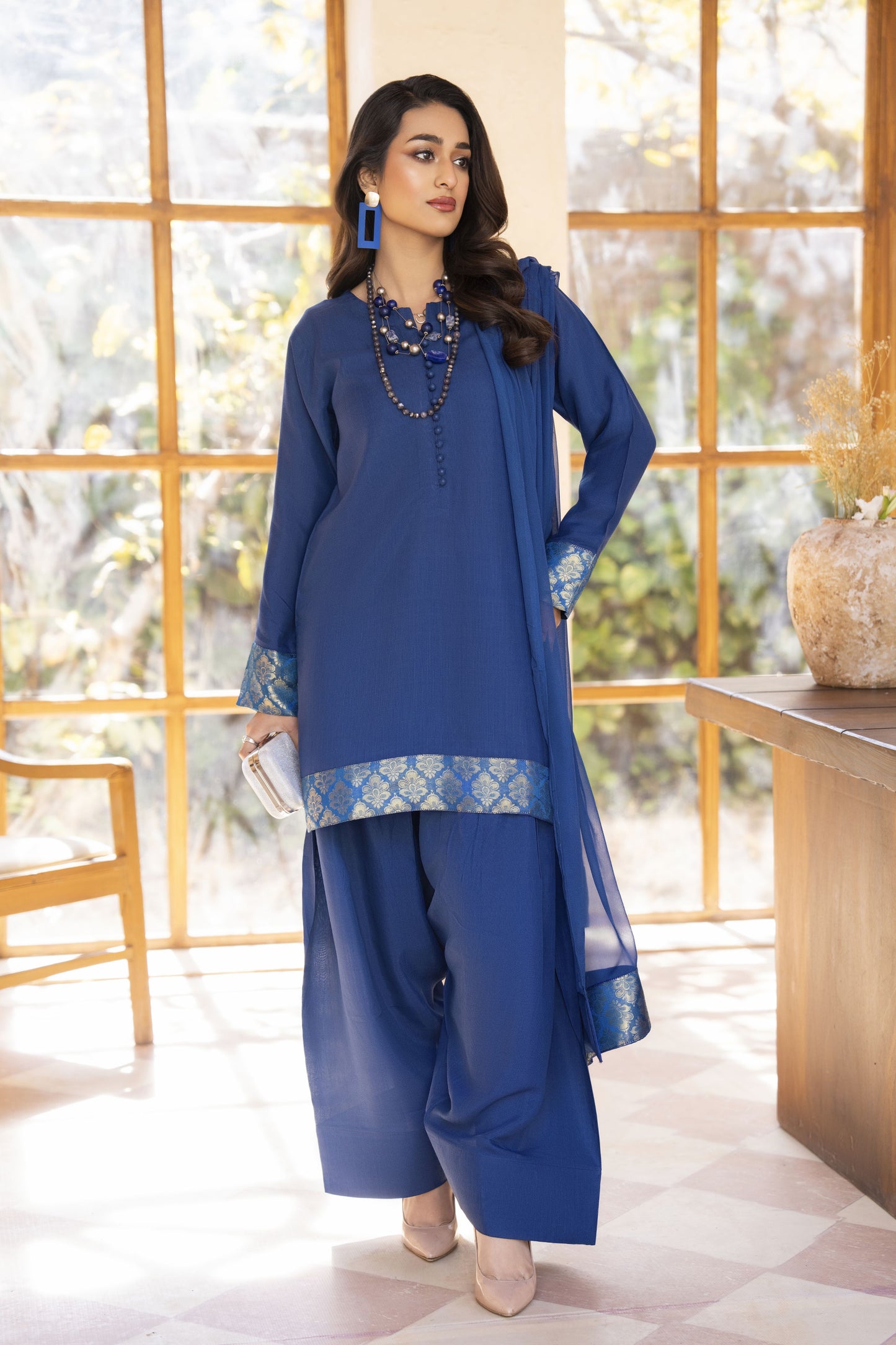 Blue Raw Silk Ready to Wear 3 Pcs Farshi Shalwar Dress