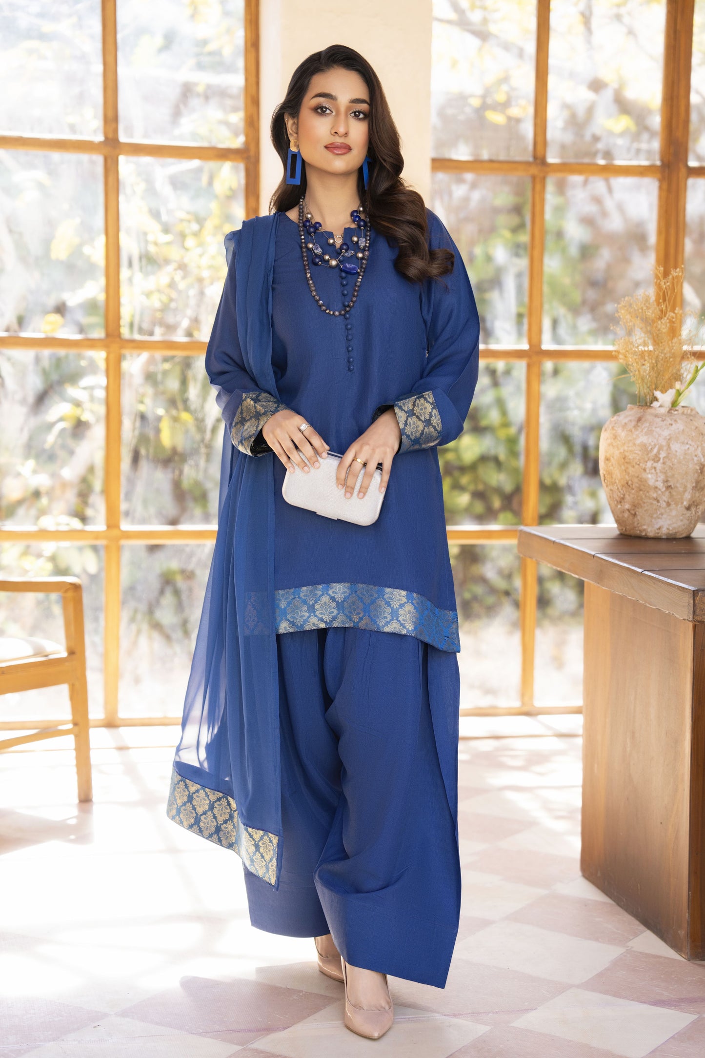 Blue Raw Silk Ready to Wear 3 Pcs Farshi Shalwar Dress