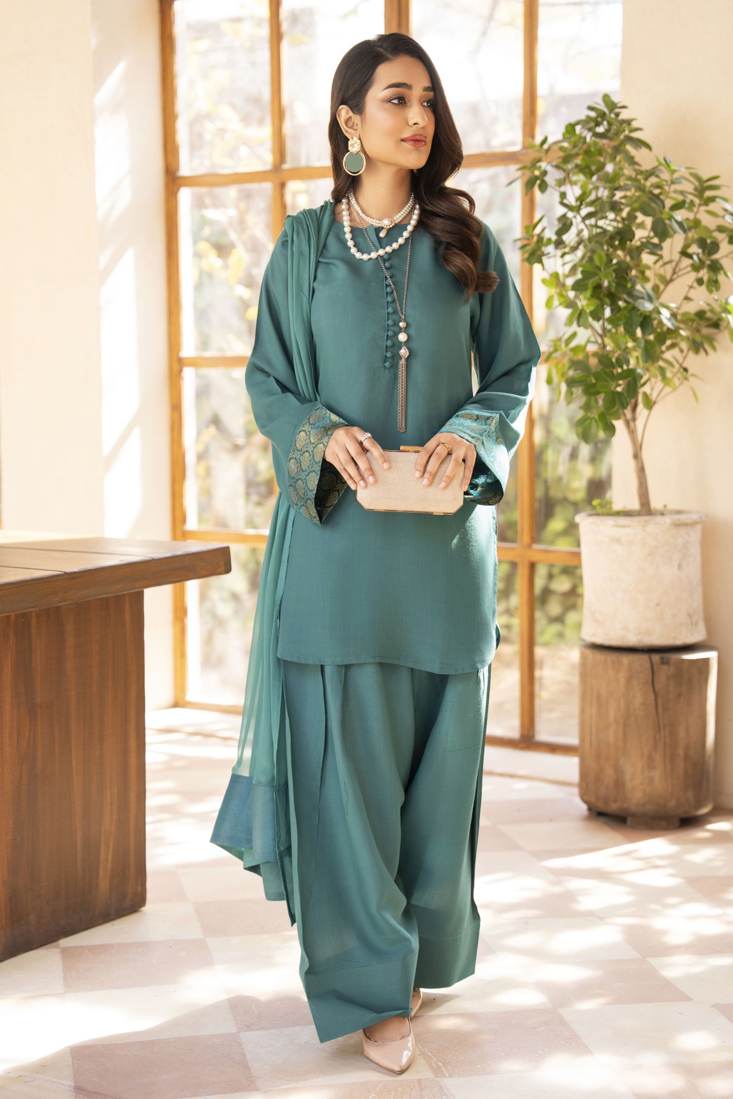 Teal Raw Silk Ready to Wear 3 Pcs Farshi Shalwar Dress