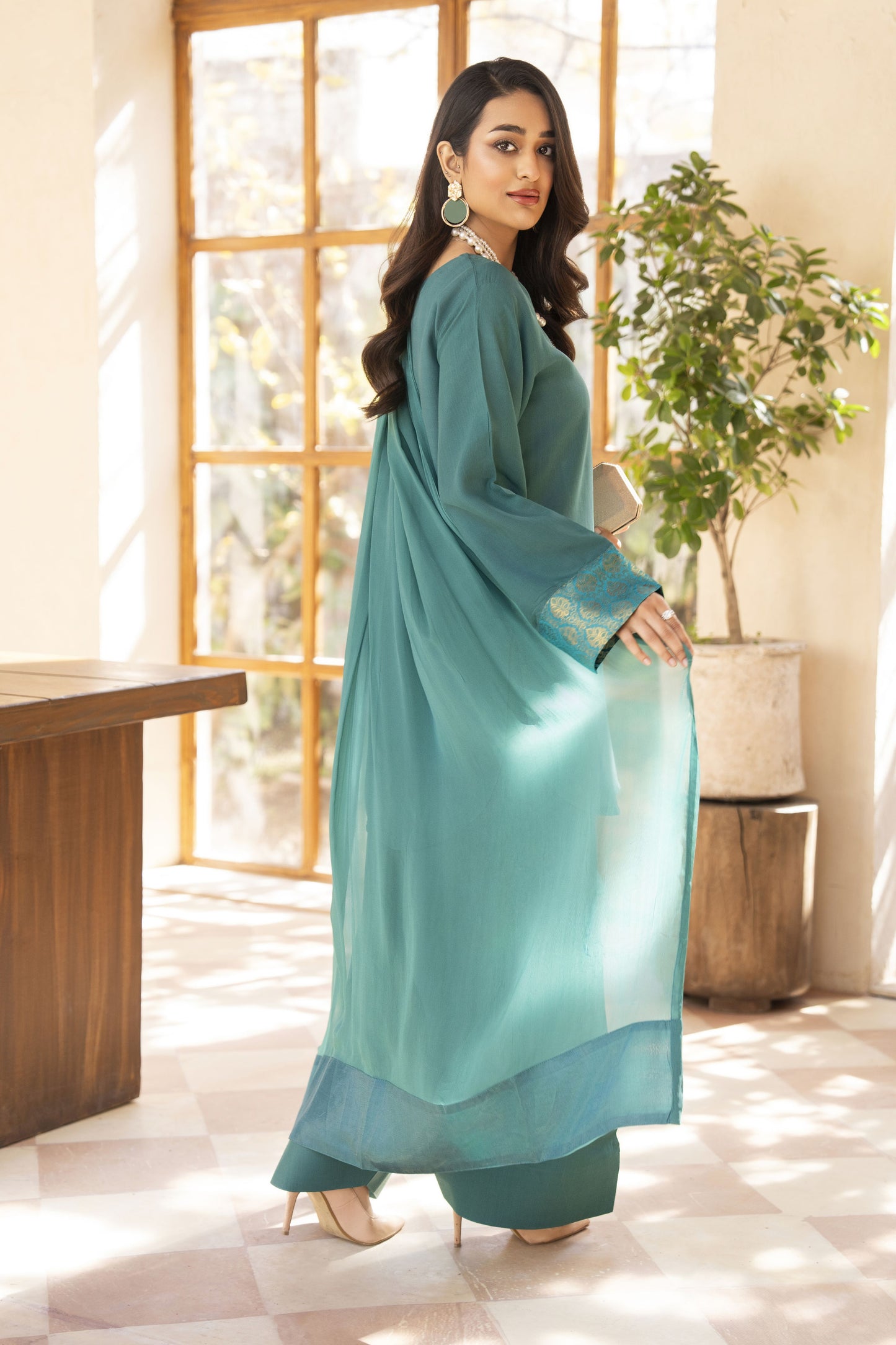 Teal Raw Silk Ready to Wear 3 Pcs Farshi Shalwar Dress