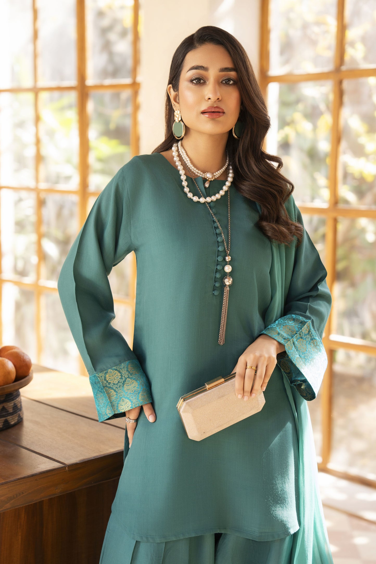 Teal Raw Silk Ready to Wear 3 Pcs Farshi Shalwar Dress