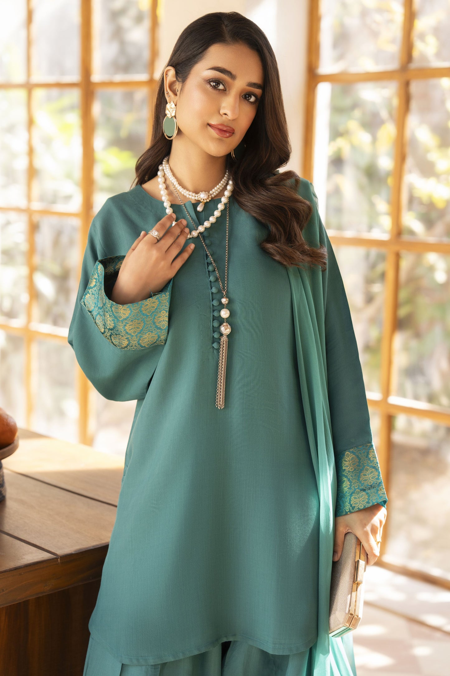 Teal Raw Silk Ready to Wear 3 Pcs Farshi Shalwar Dress