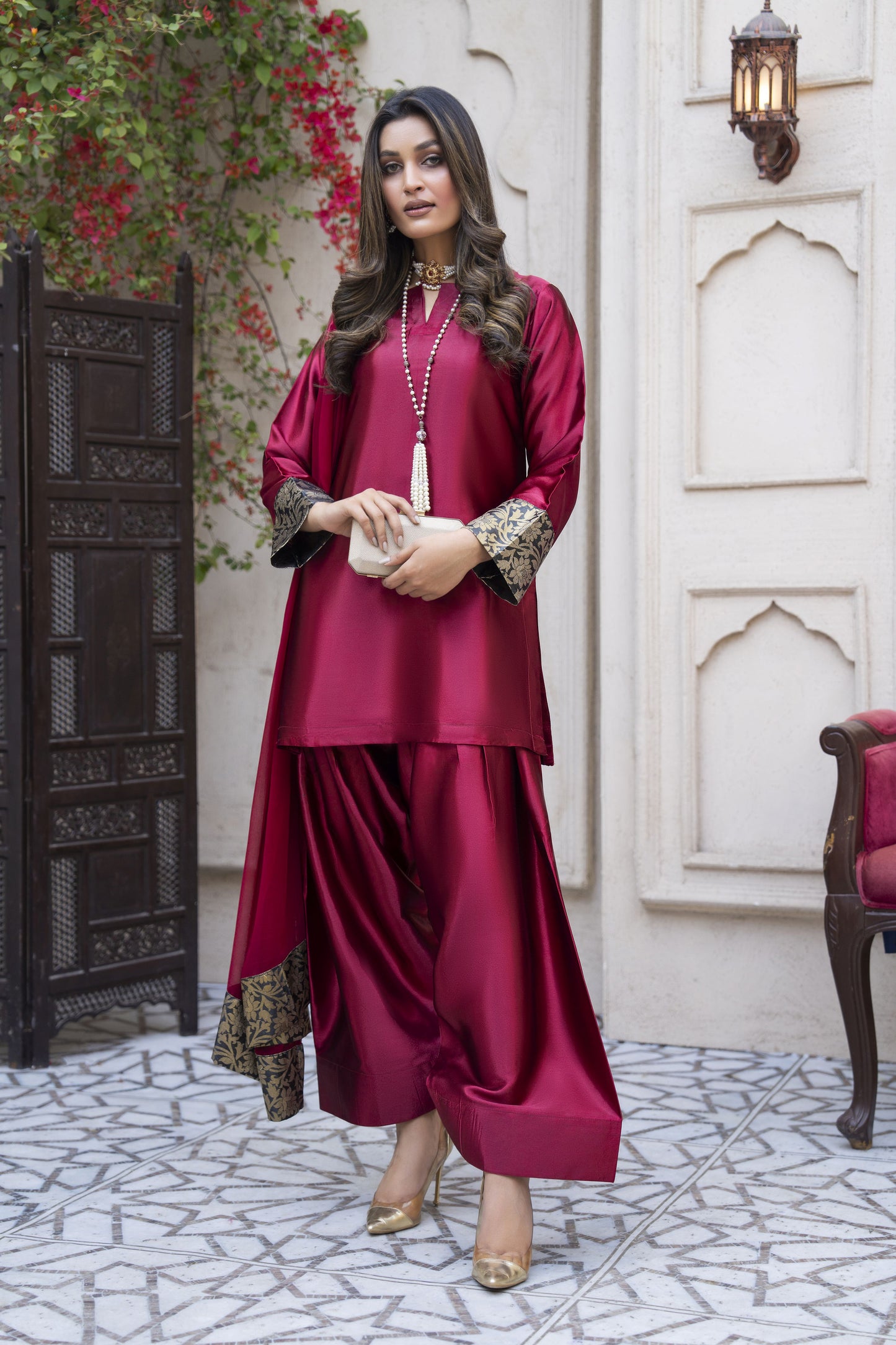 Rosy Glass Silk Ready to Wear 3 Pcs Farshi Shalwar Dress