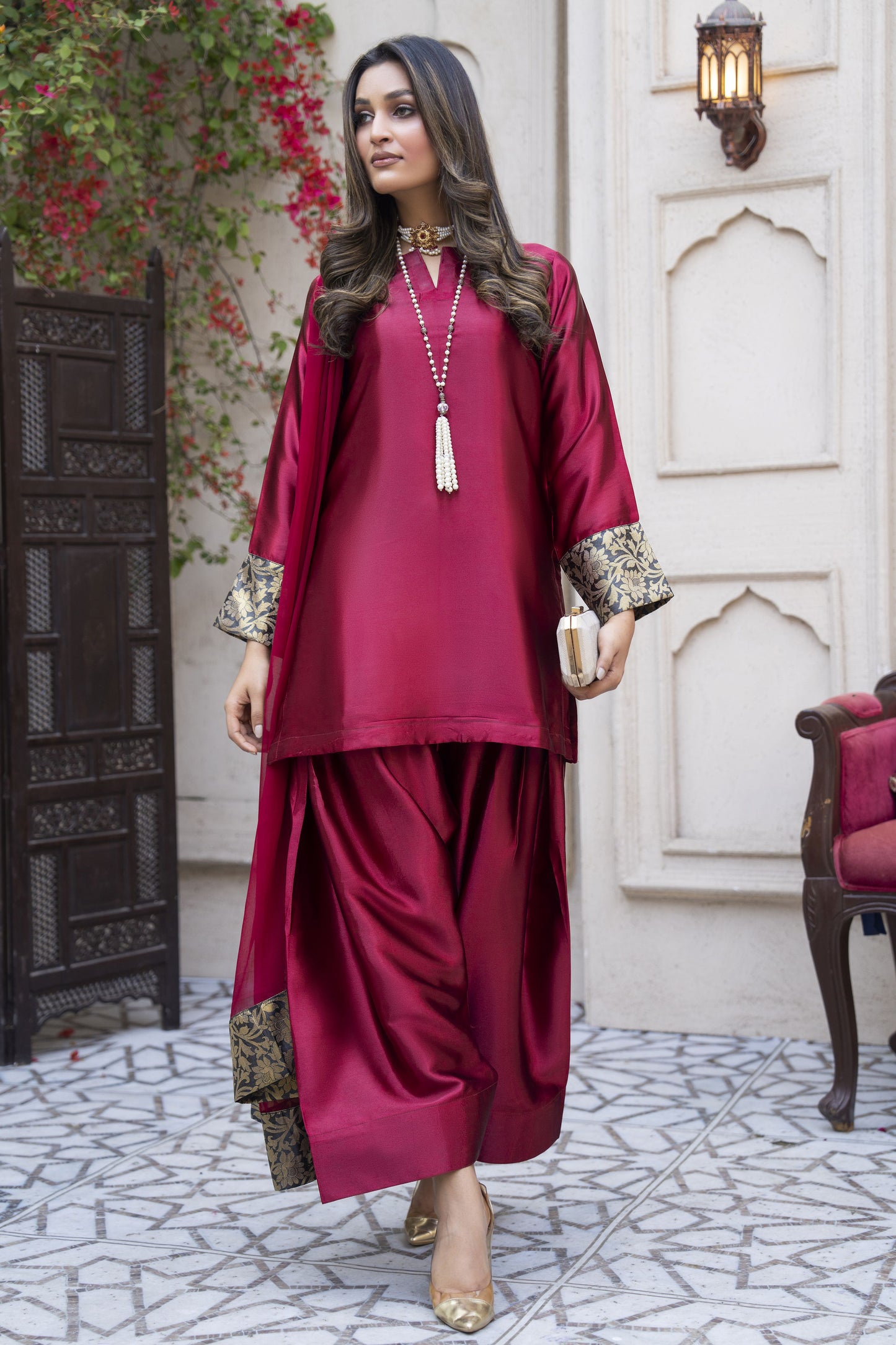 Rosy Glass Silk Ready to Wear 3 Pcs Farshi Shalwar Dress