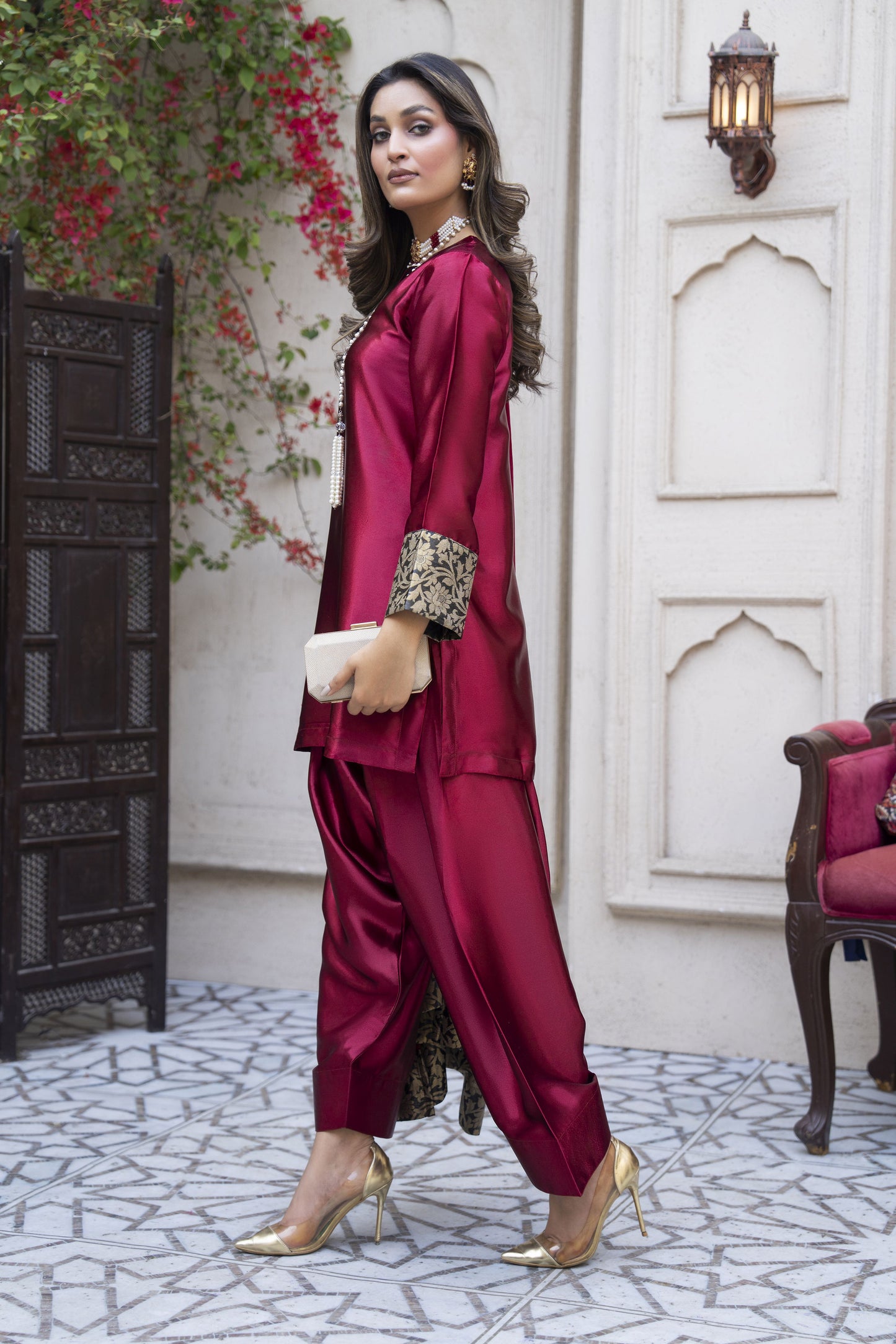 Rosy Glass Silk Ready to Wear 3 Pcs Farshi Shalwar Dress