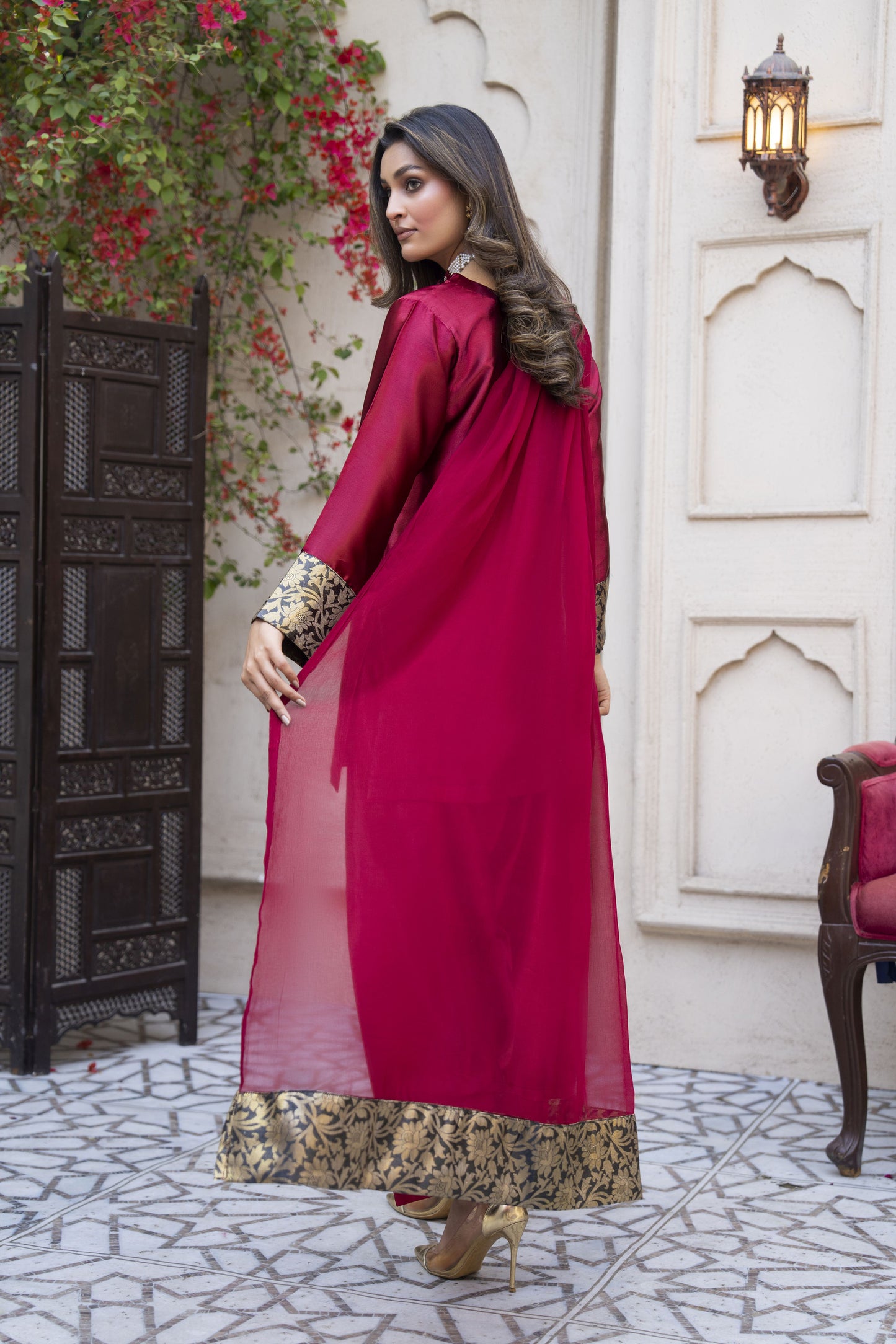 Rosy Glass Silk Ready to Wear 3 Pcs Farshi Shalwar Dress