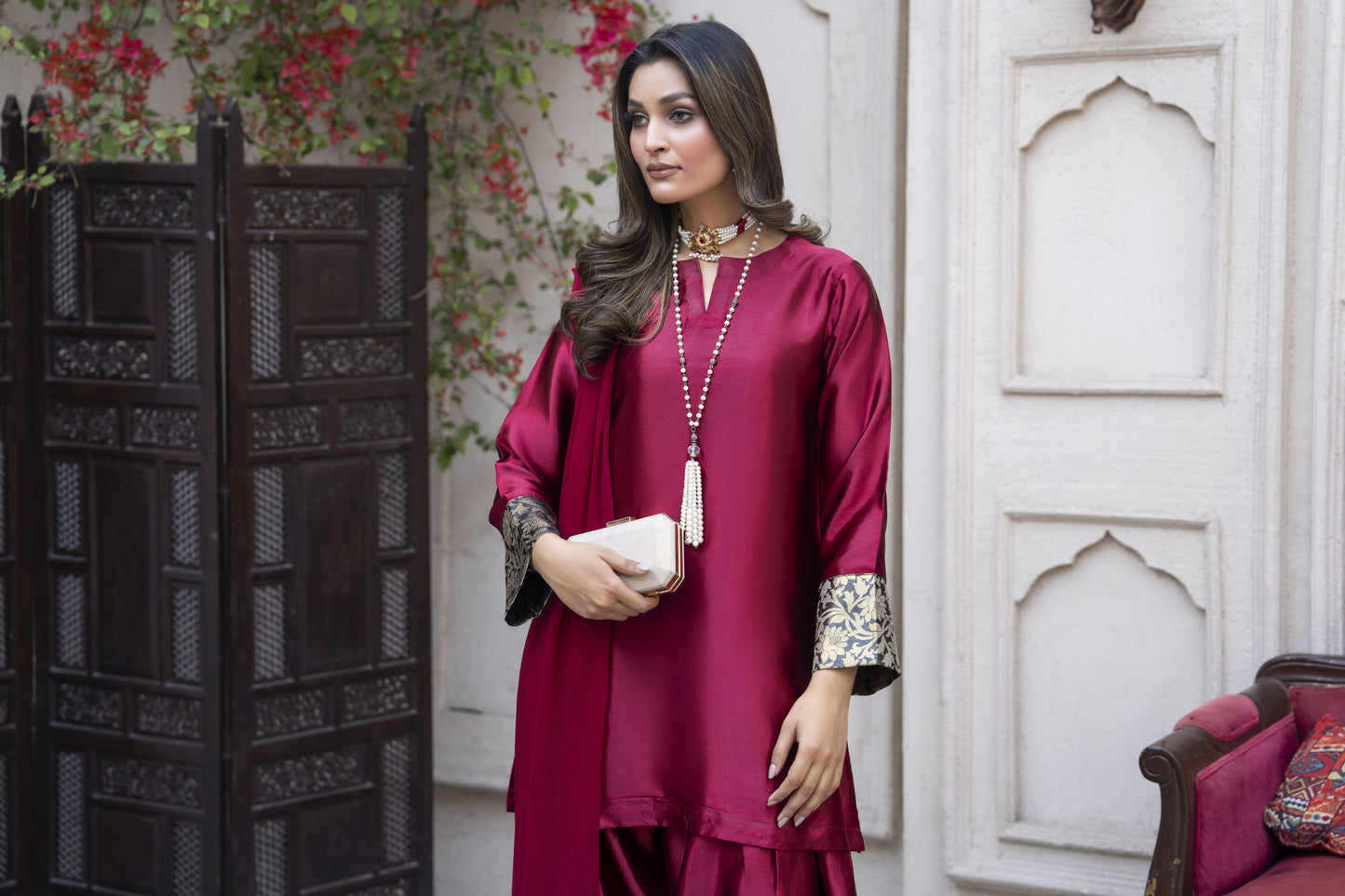 Rosy Glass Silk Ready to Wear 3 Pcs Farshi Shalwar Dress