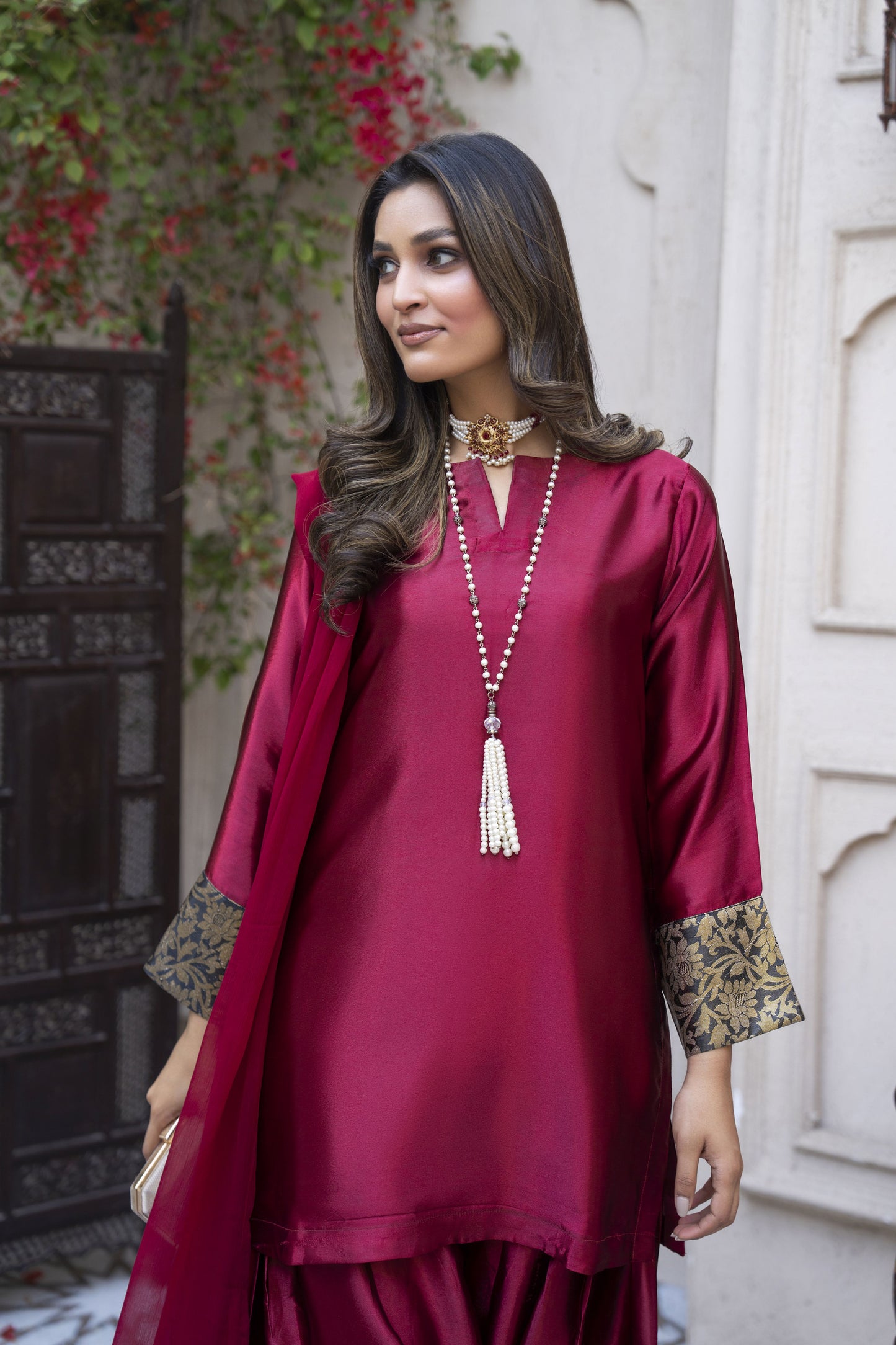 Rosy Glass Silk Ready to Wear 3 Pcs Farshi Shalwar Dress