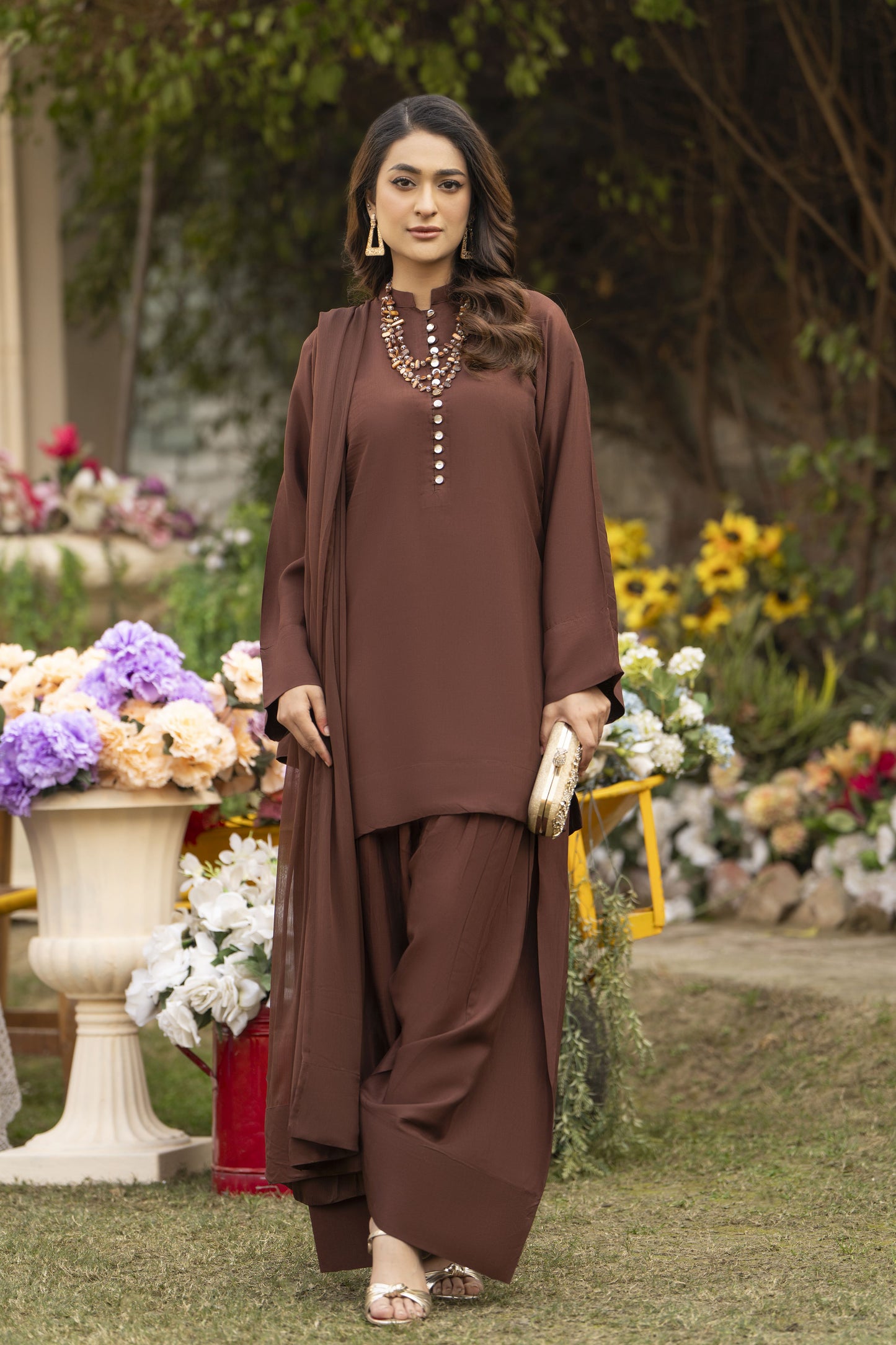 Coffee Brown Raw Silk Ready to Wear 3 Pcs Dress