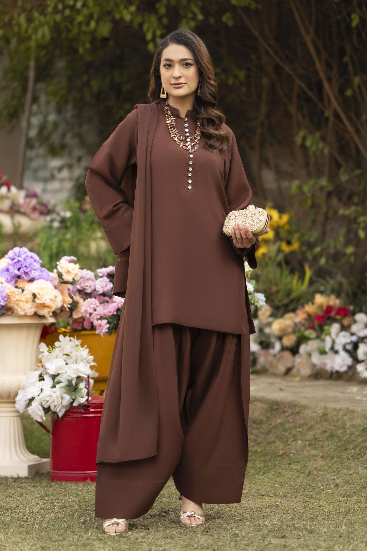Coffee Brown Raw Silk Ready to Wear 3 Pcs Dress