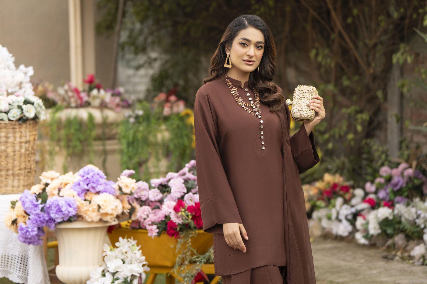 Coffee Brown Raw Silk Ready to Wear 3 Pcs Dress