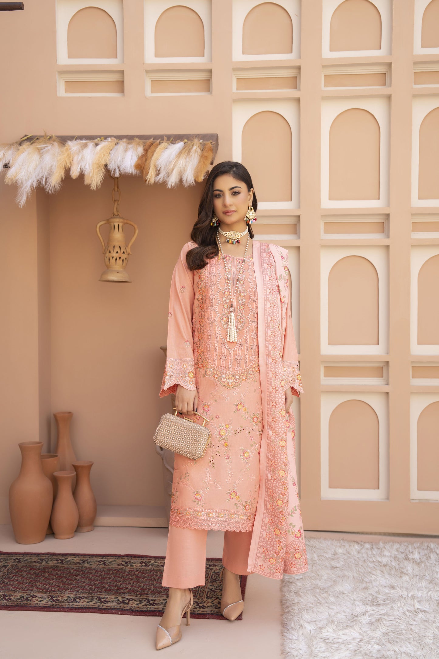 CoraBelle Ready to Wear 3 Pcs Embroidered Slub Dress