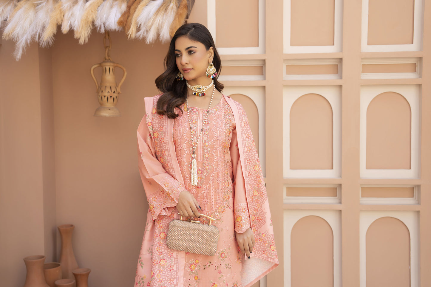 CoraBelle Ready to Wear 3 Pcs Embroidered Slub Dress