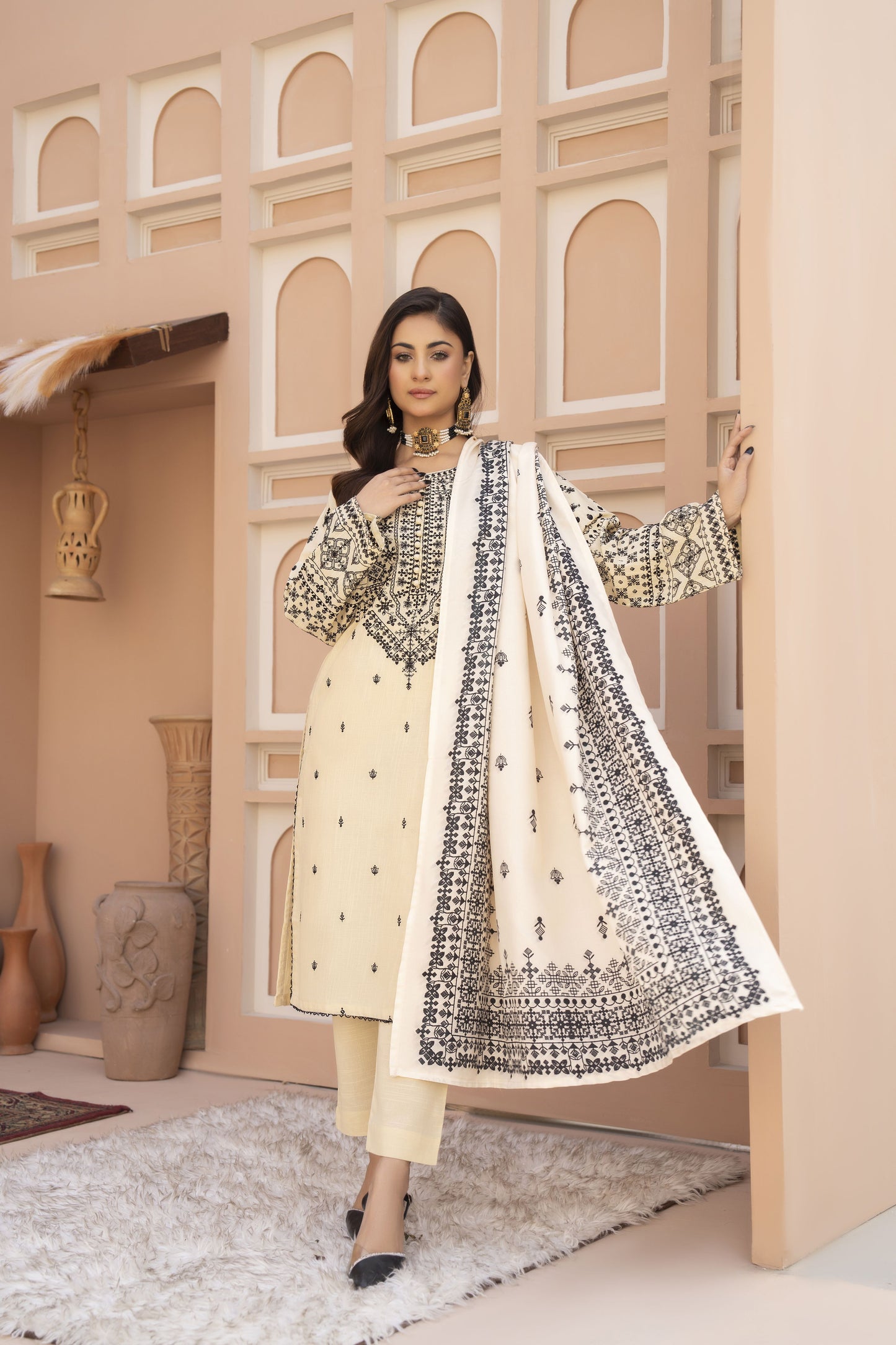 Opaline Ready to Wear 3 Pcs Embroidered Slub Dress