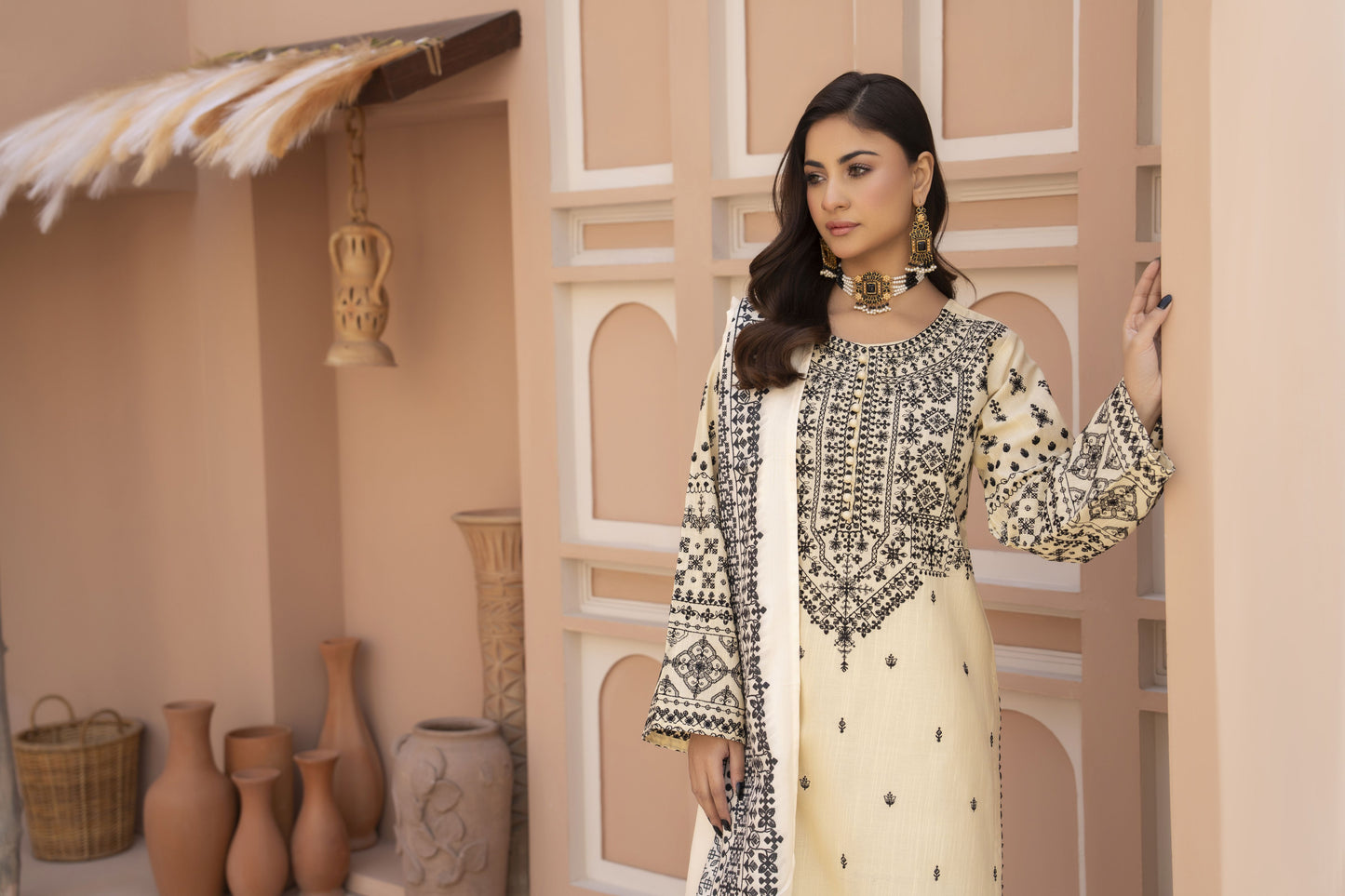 Opaline Ready to Wear 3 Pcs Embroidered Slub Dress