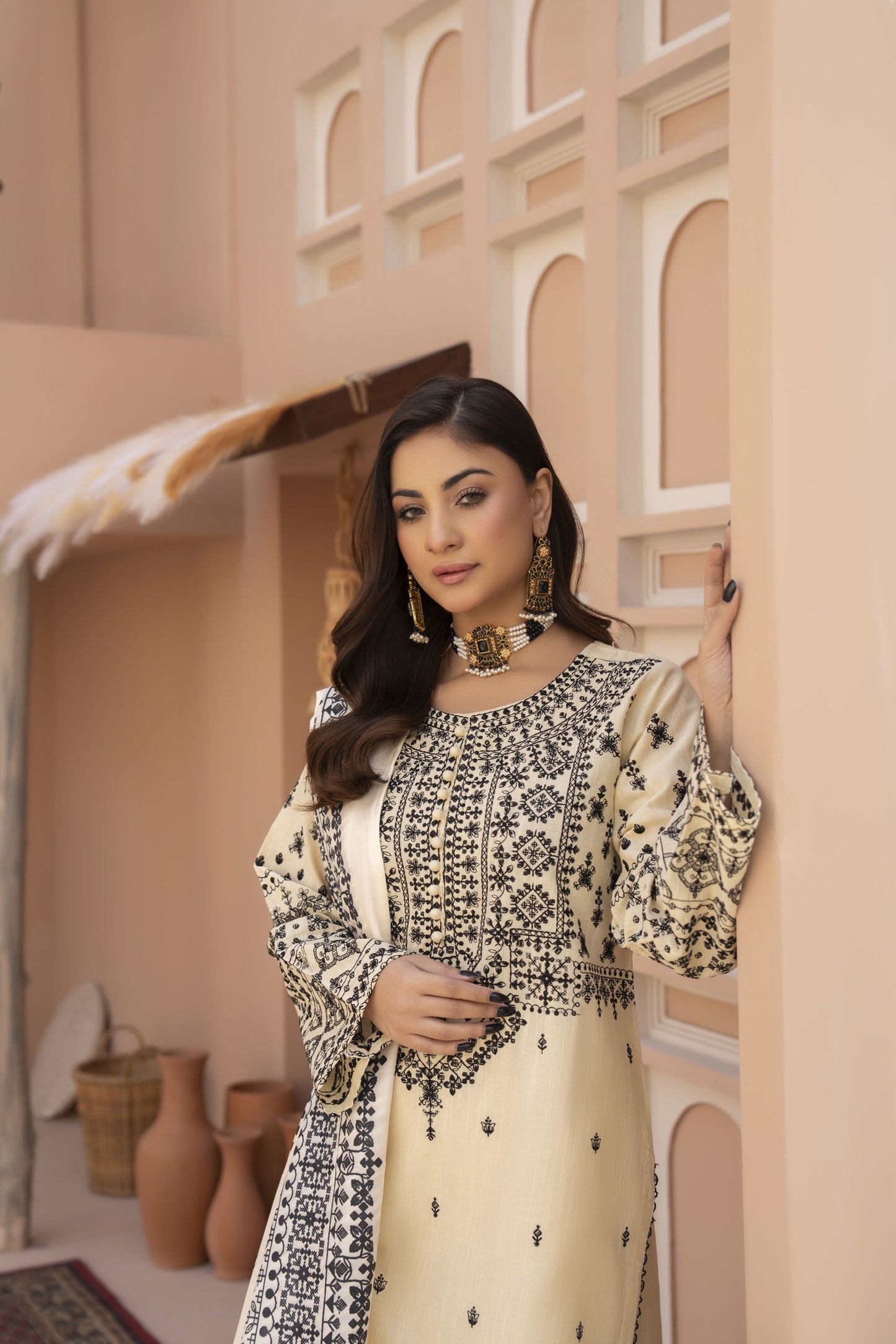 Opaline Ready to Wear 3 Pcs Embroidered Slub Dress