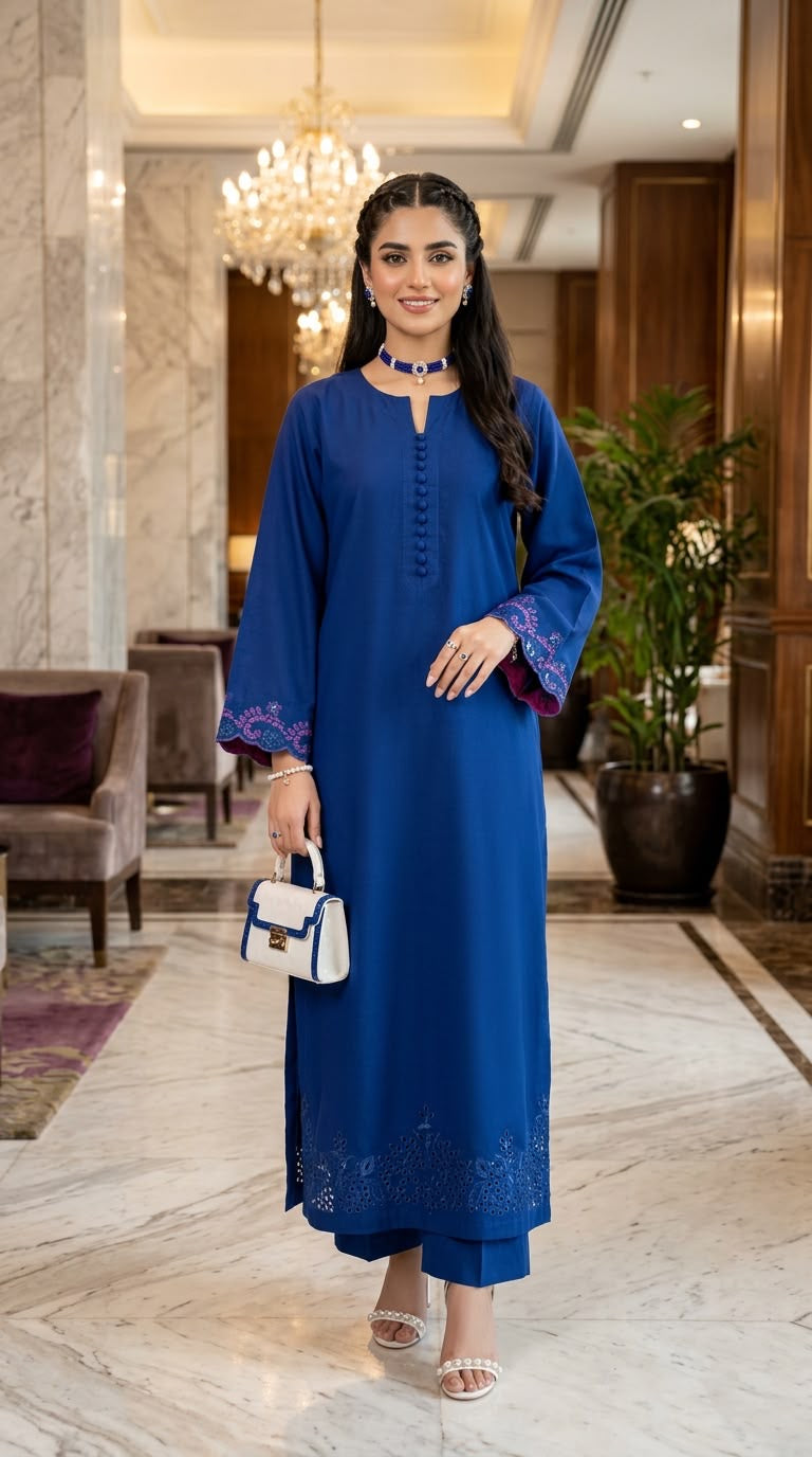 Maya Ready to Wear 2 Pcs Viscose Linen Fully embroidered and cutwork Dress