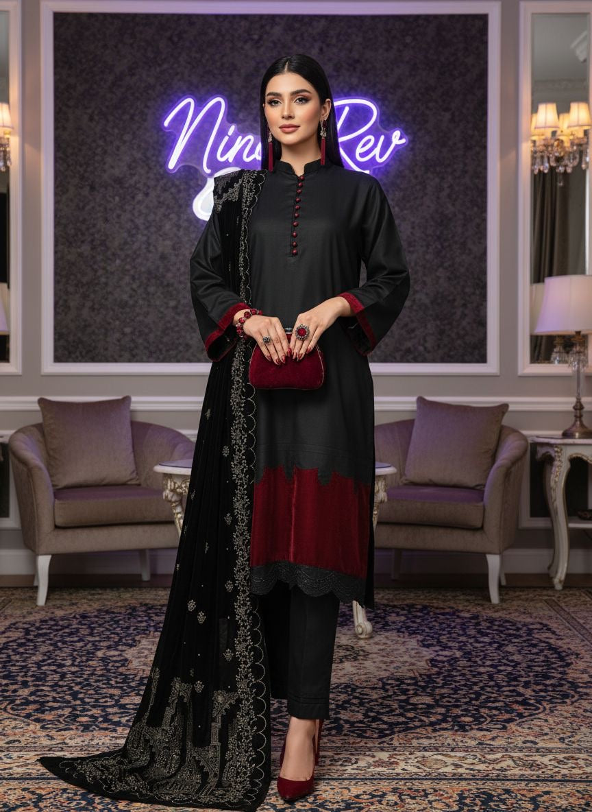 Kamli Black Ready to Wear 3 Pcs Dress With Velvet Shawl