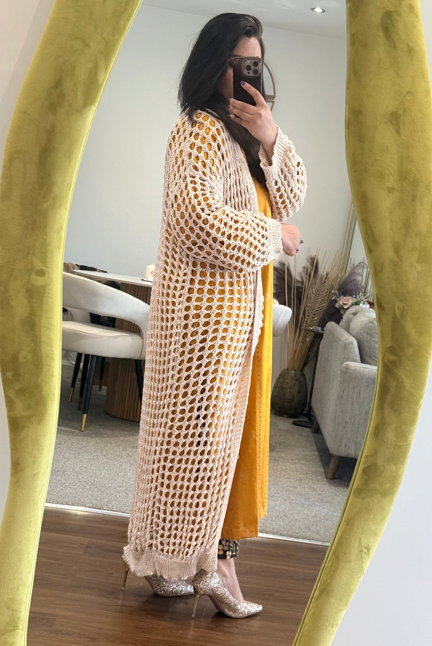 Camel Crochet Full Length Cardigan
