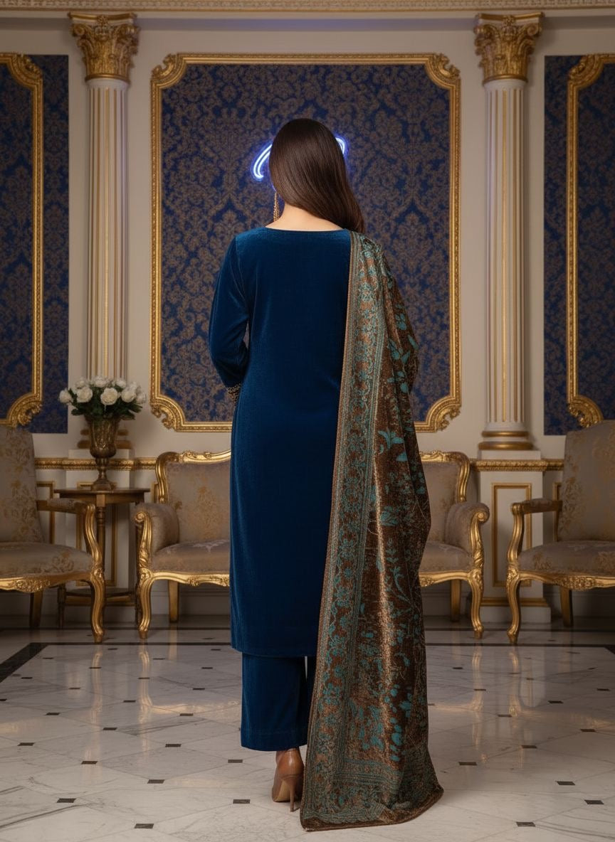 Freya Velvet Embroidered Ready to Wear 3 Pcs Dress with Palachi Shawl