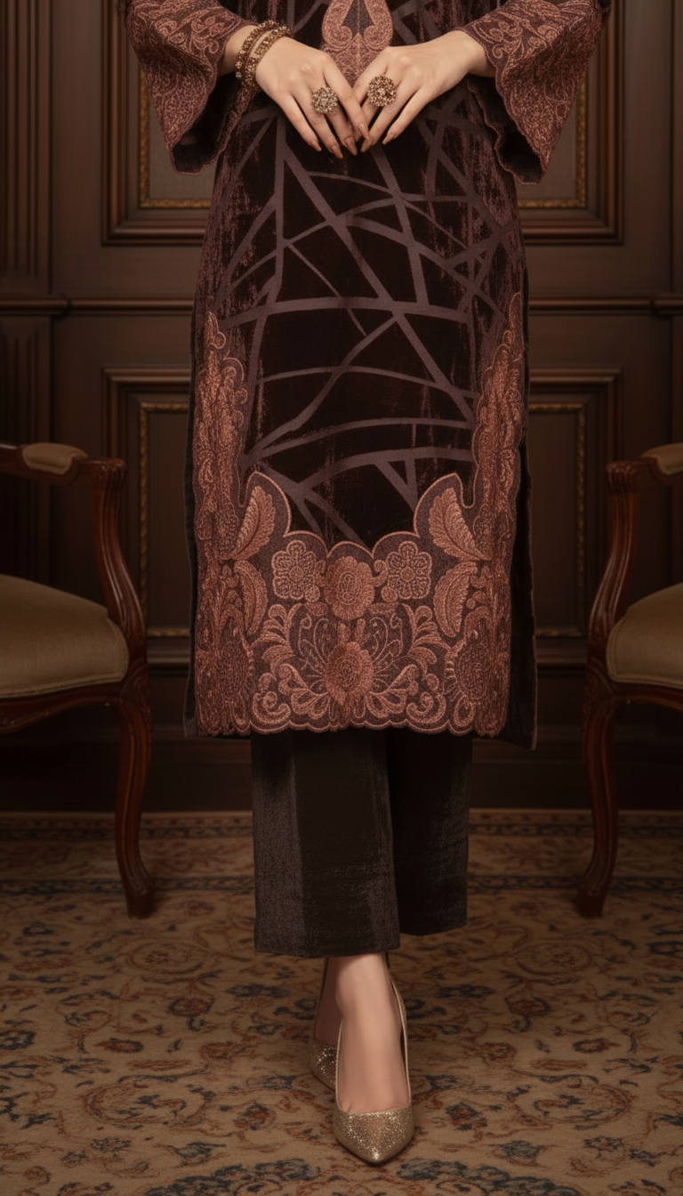 Lyra Brown French Velvet Embroidered 3 Pcs Dress with Palachi shawl