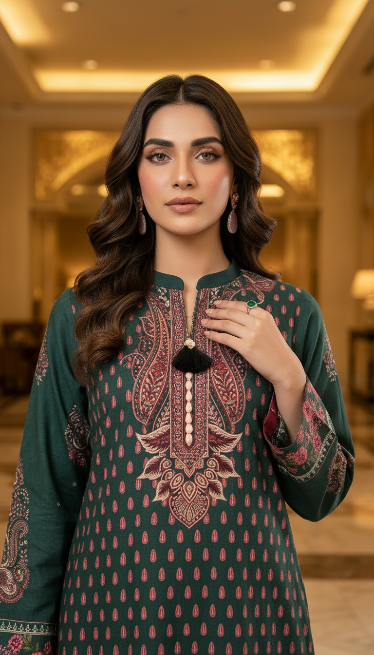 Kashaf Green Linen 2 Pcs Kaftan Dress
