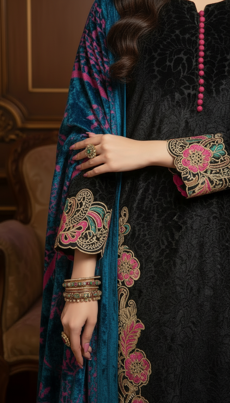 Akbari Black Velvet 3 pcs Embroidered Dress with Shawl