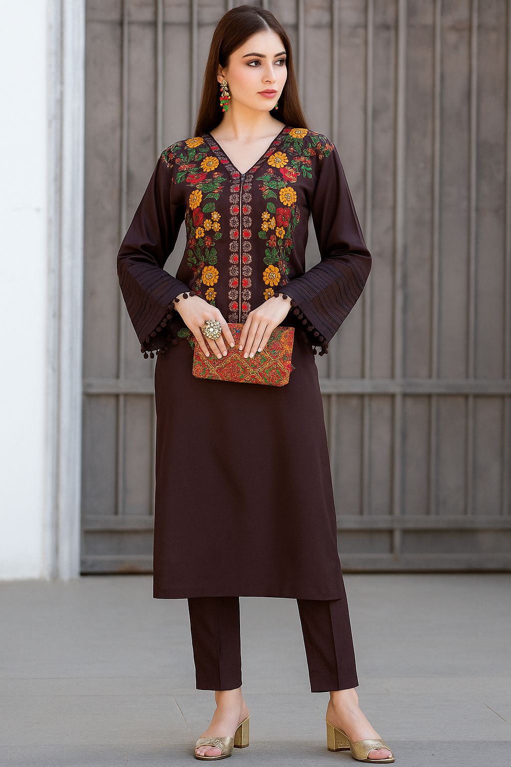 Brown Lush Ready to Wear 2 Pcs Embroidered Dress
