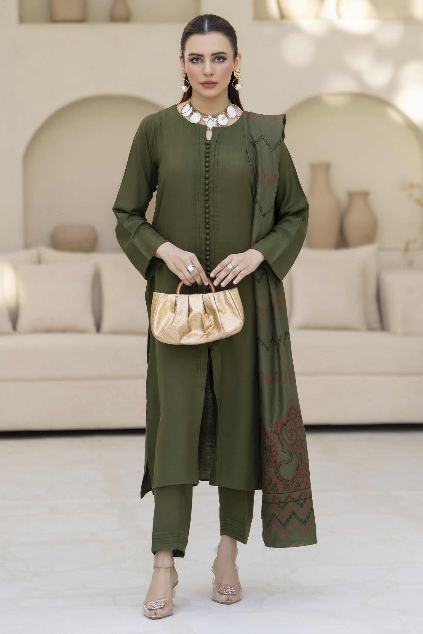 Green Pashmina Shawl Ready to Wear 3 Pcs Dress