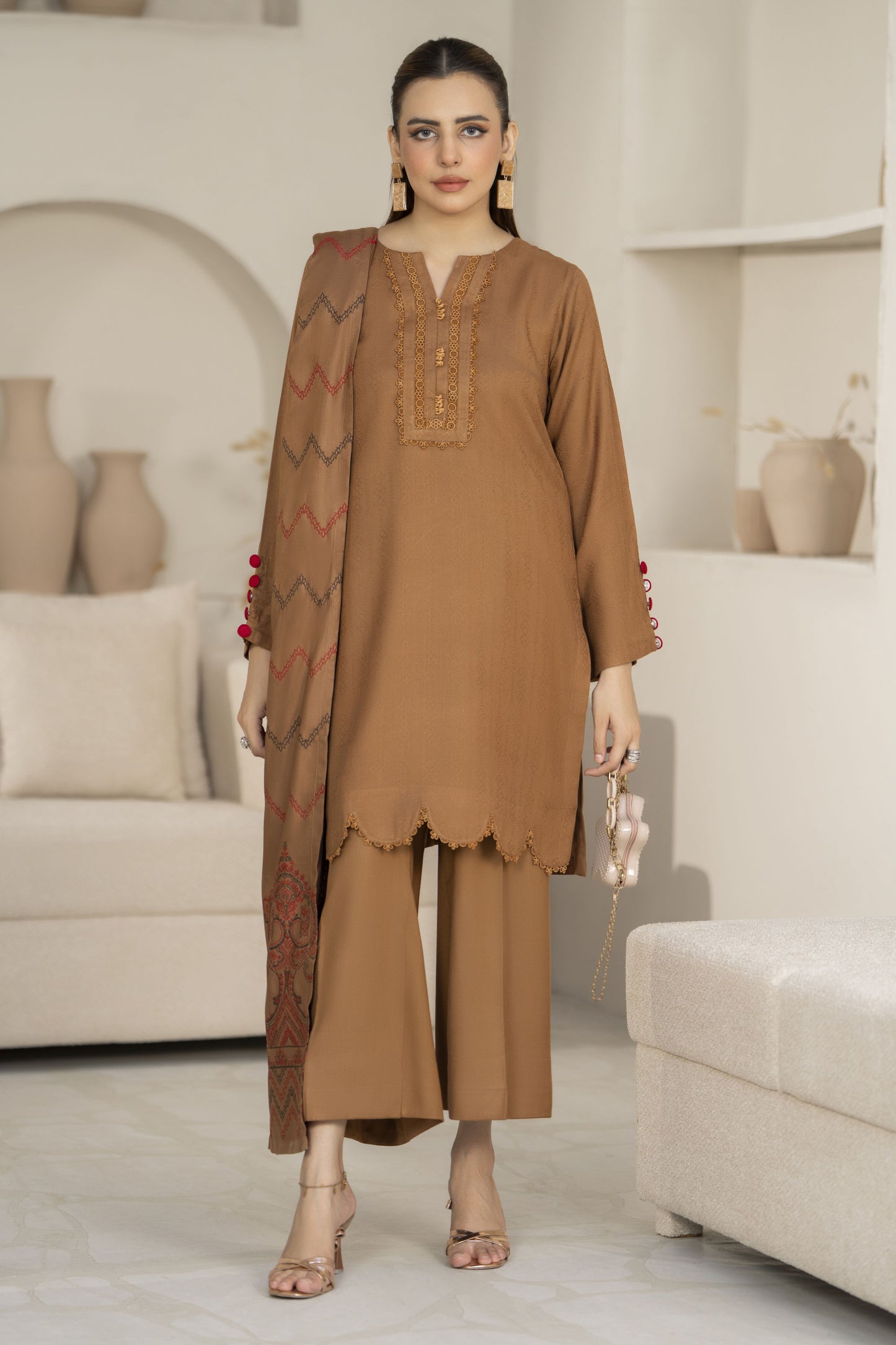 Caramel Pashmina Shawl Ready to Wear 3 Pcs Dress