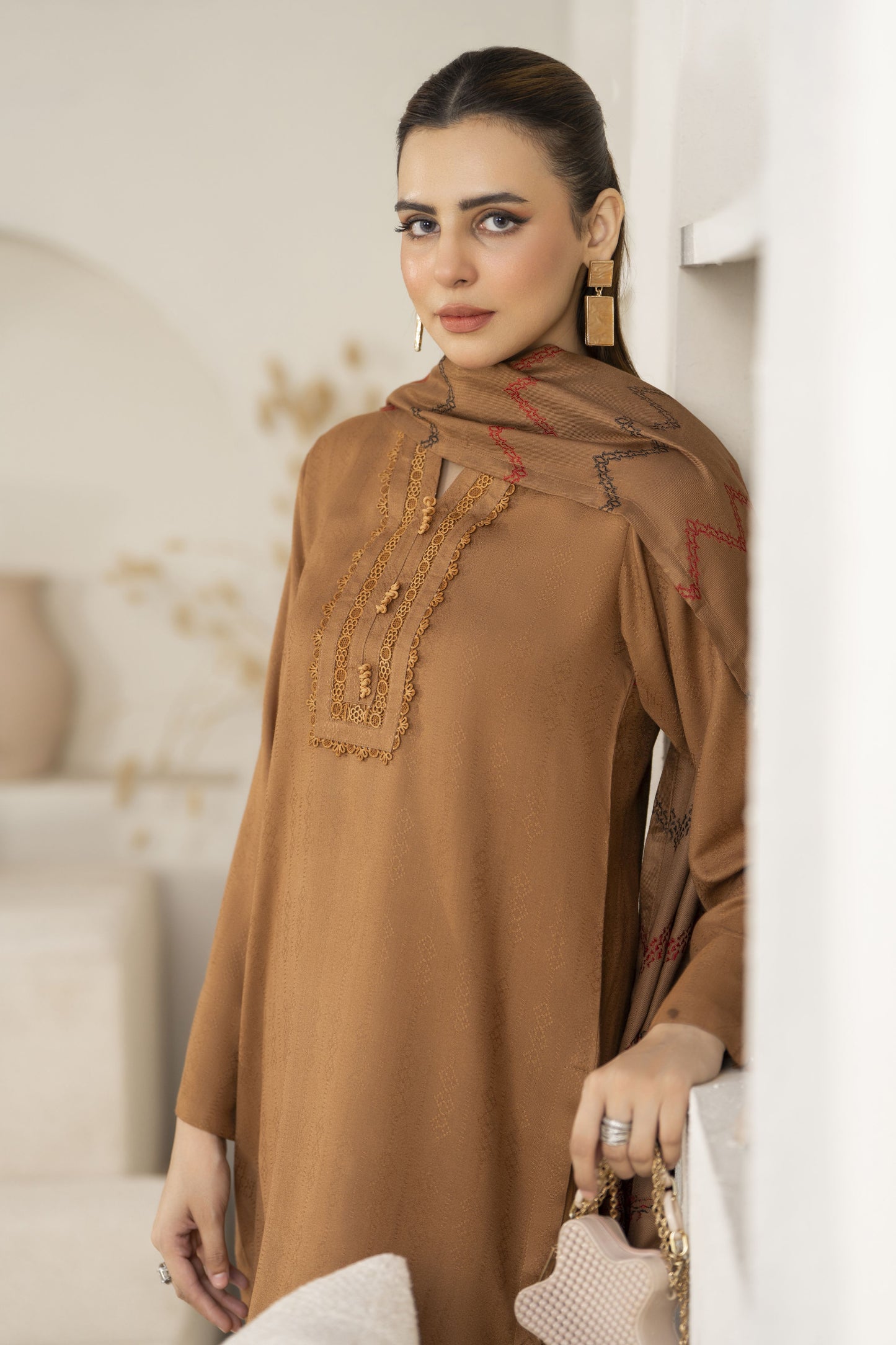 Caramel Pashmina Shawl Ready to Wear 3 Pcs Dress