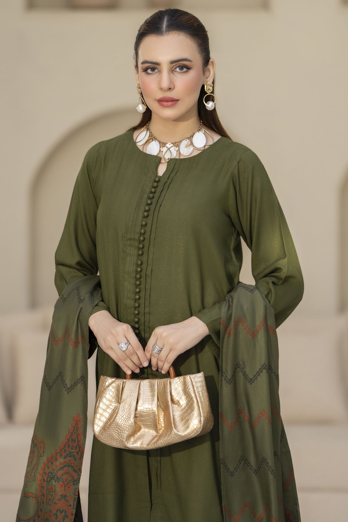 Green Pashmina Shawl Ready to Wear 3 Pcs Dress