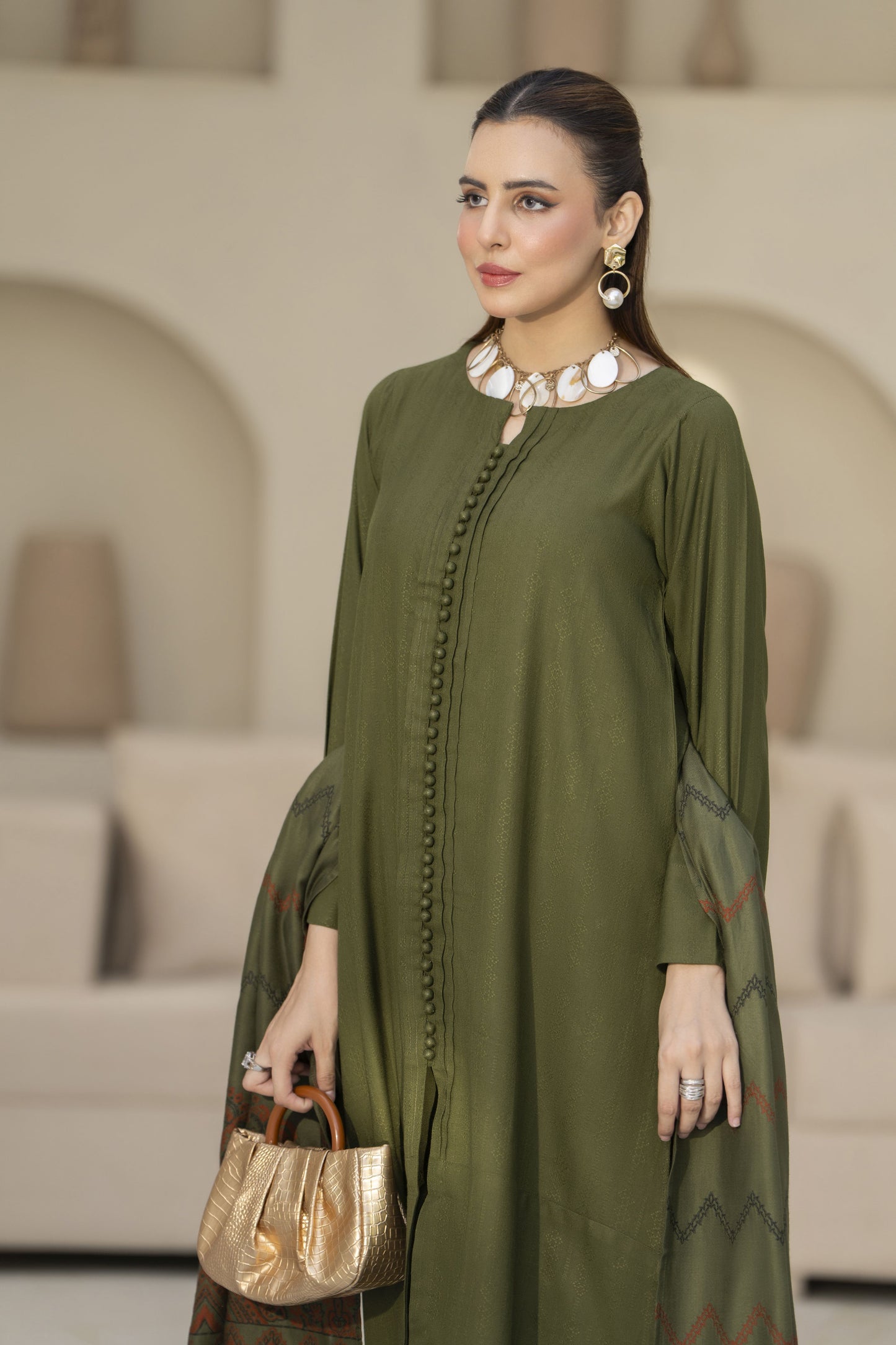 Green Pashmina Shawl Ready to Wear 3 Pcs Dress