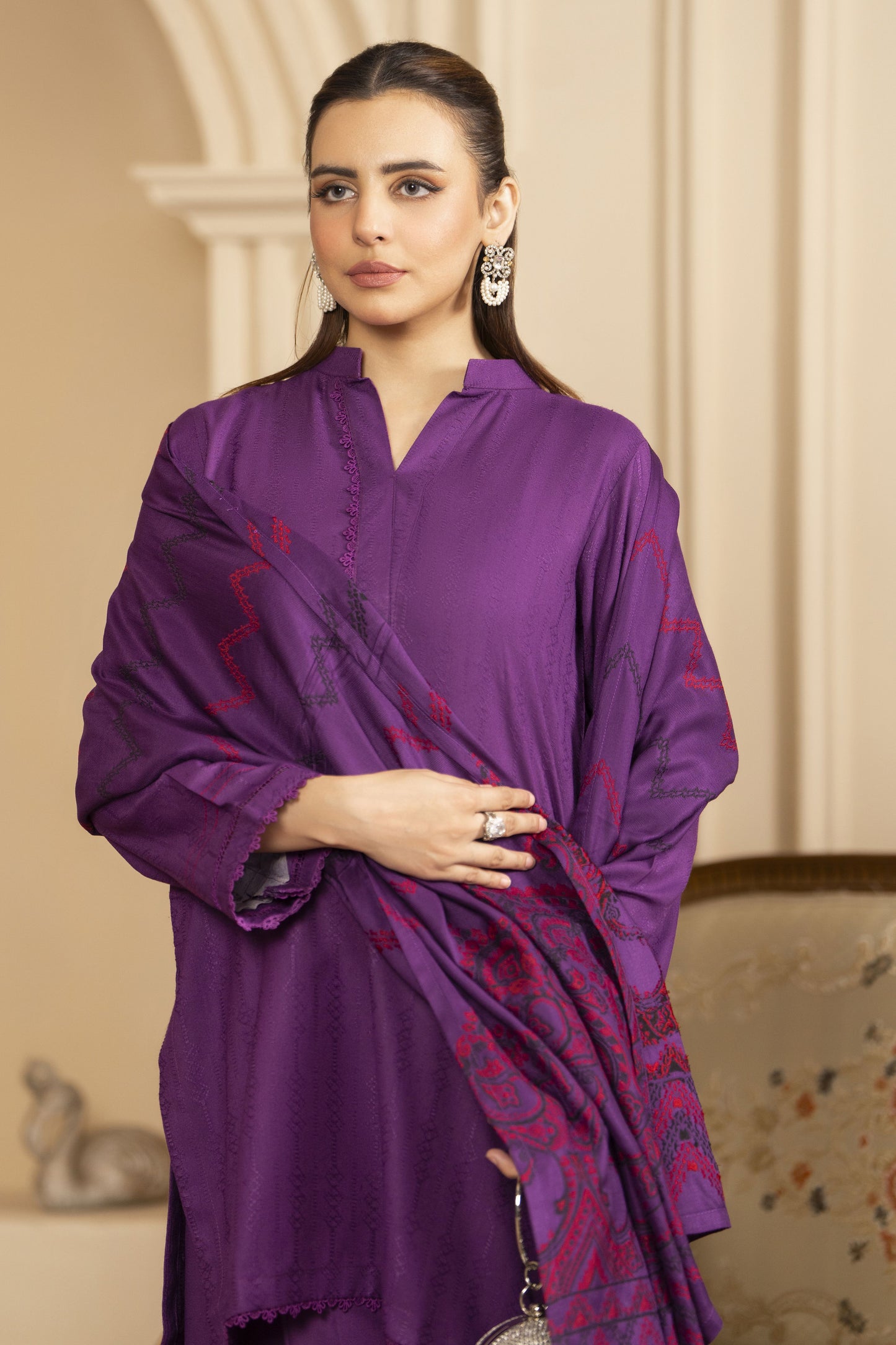 Purple Pashmina Shawl Ready to Wear 3 Pcs Dress