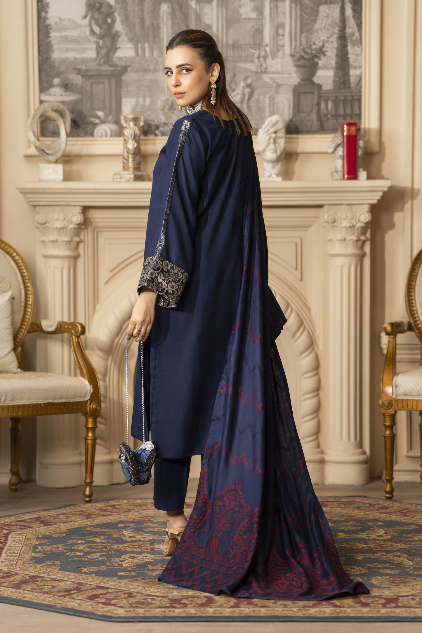 Blue Pashmina Shawl Ready to Wear 3 Pcs Dress