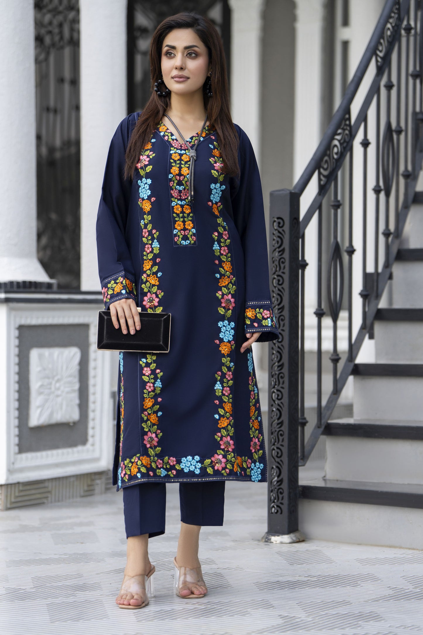 Navy Classic Ready to Wear 2 Pcs Embroidered Dress