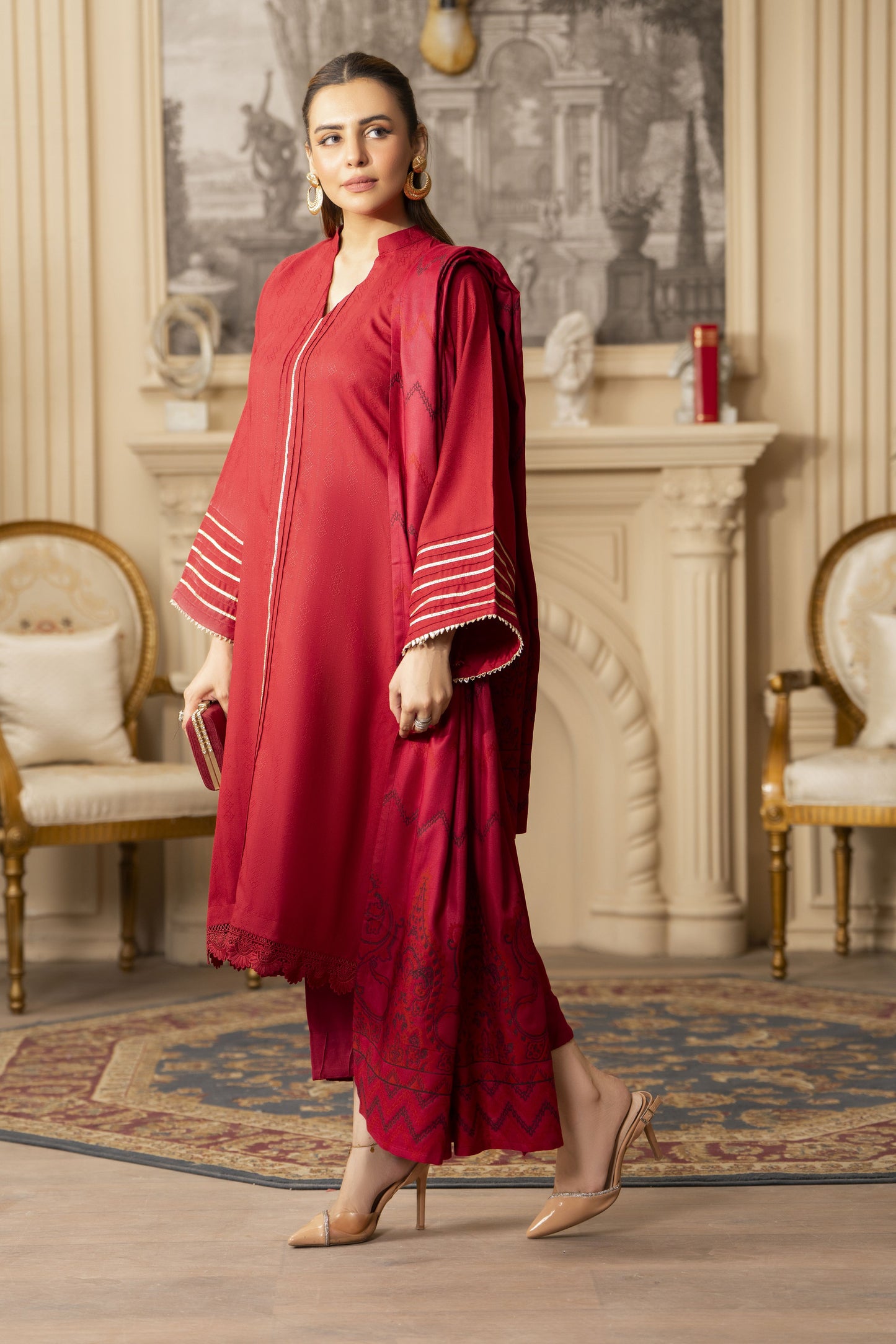 Red Pashmina Shawl Ready to Wear 3 Pcs Dress