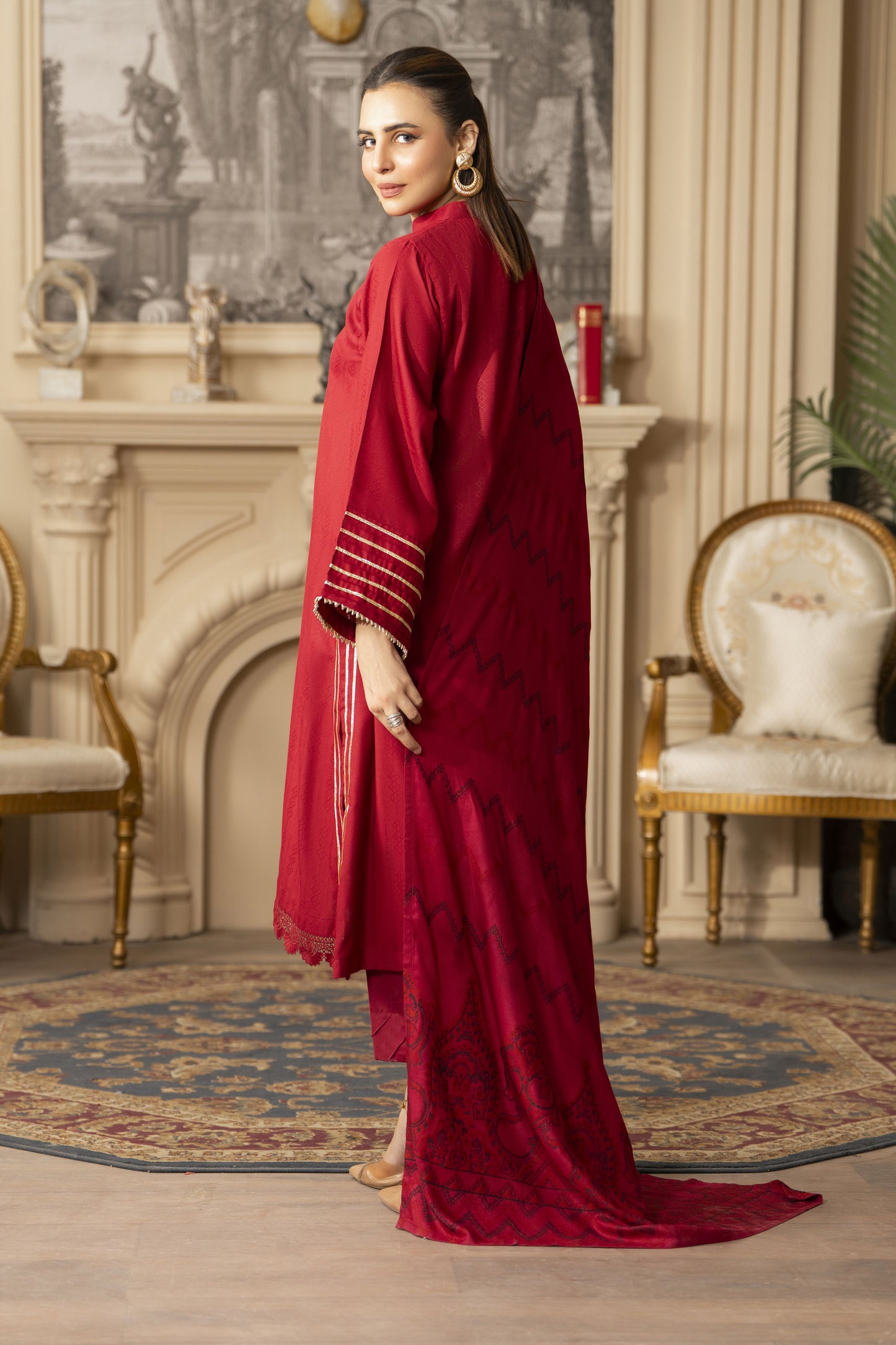 Red Pashmina Shawl Ready to Wear 3 Pcs Dress