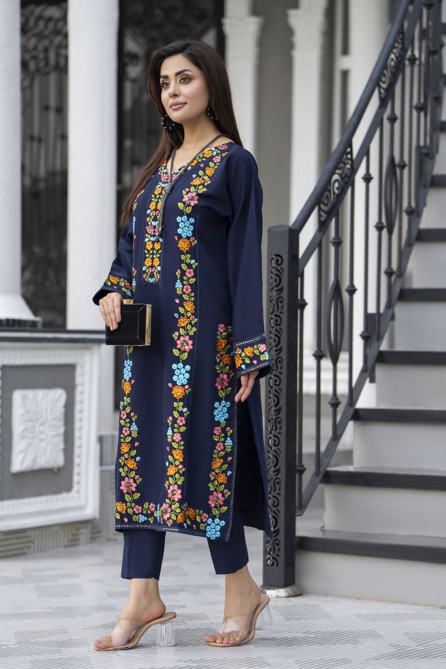 Navy Classic Ready to Wear 2 Pcs Embroidered Dress