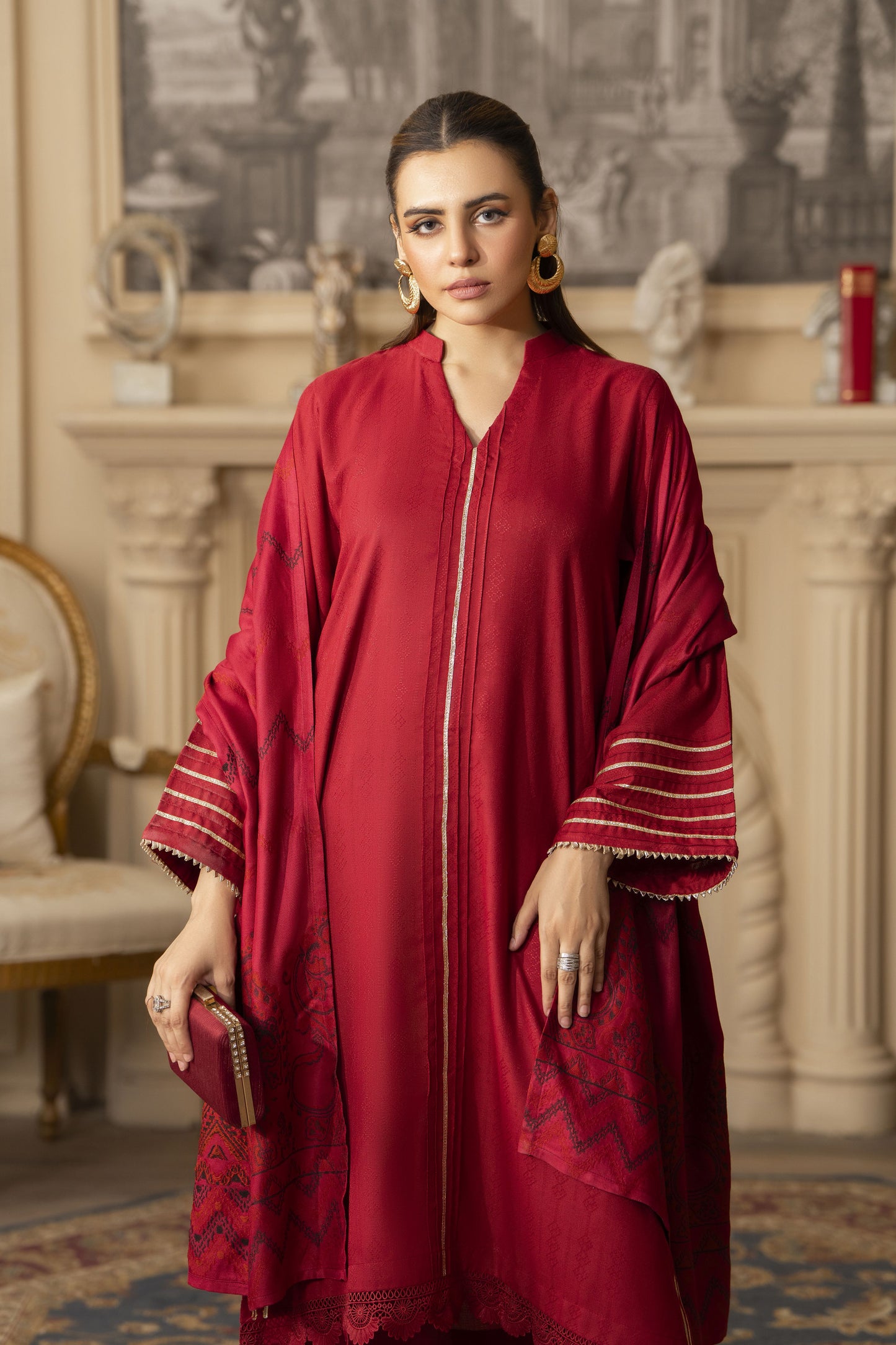 Red Pashmina Shawl Ready to Wear 3 Pcs Dress