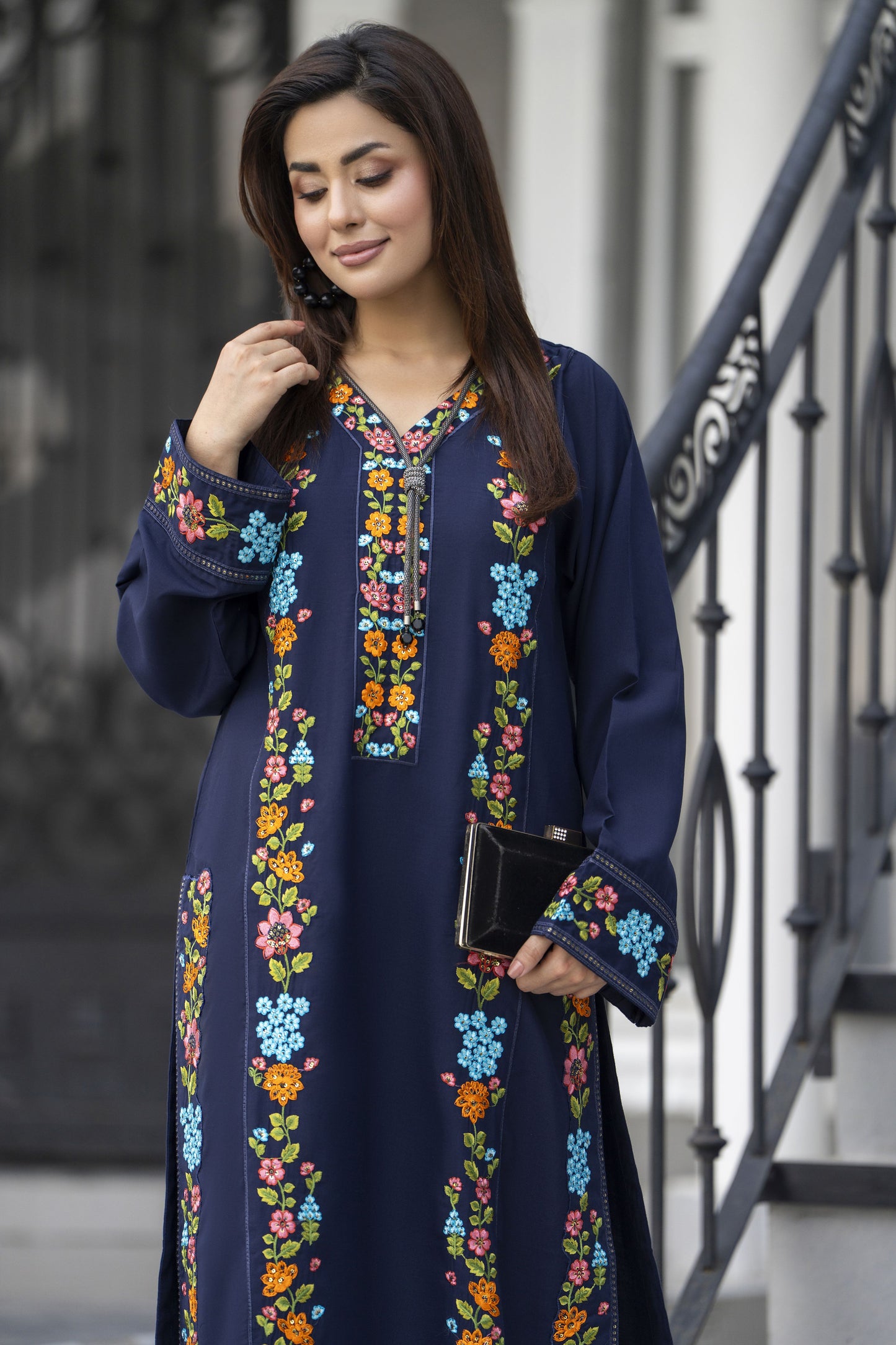 Navy Classic Ready to Wear 2 Pcs Embroidered Dress