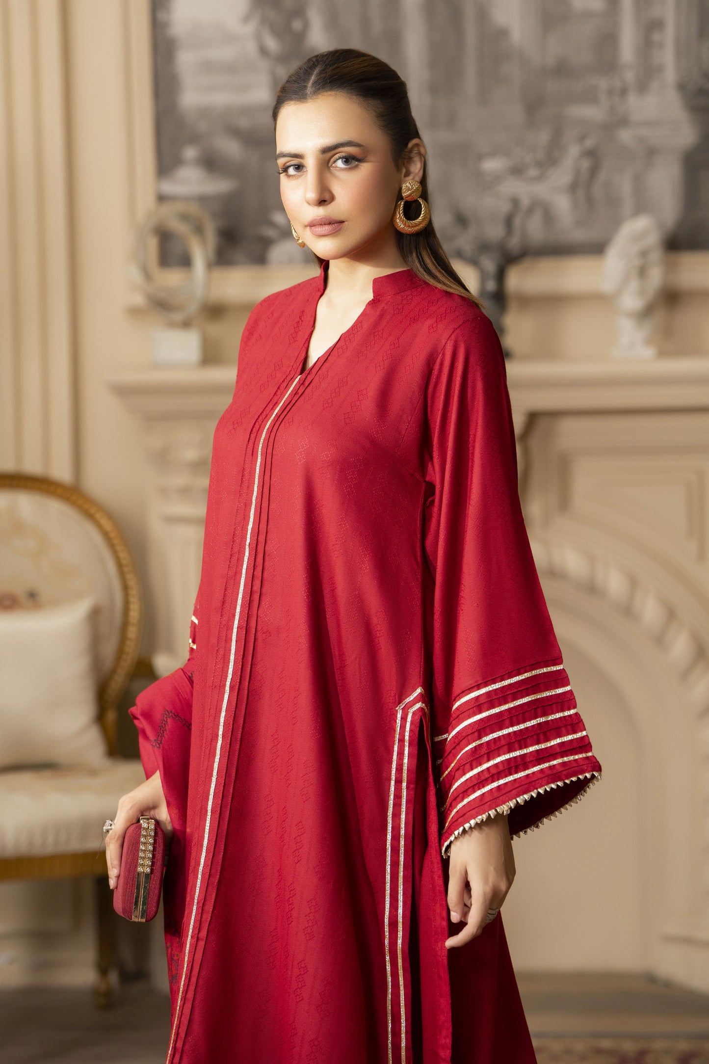 Red Pashmina Shawl Ready to Wear 3 Pcs Dress