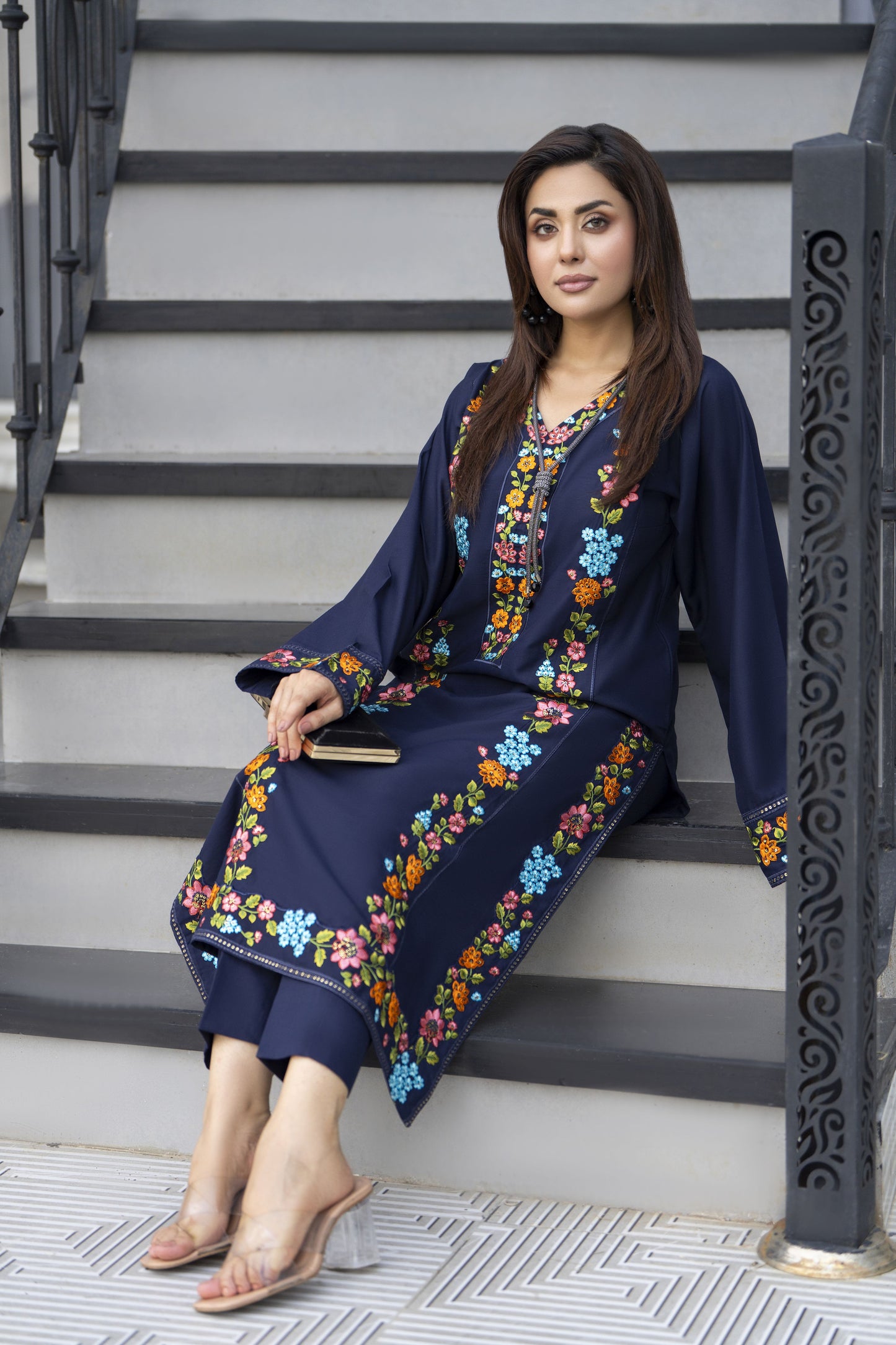 Navy Classic Ready to Wear 2 Pcs Embroidered Dress